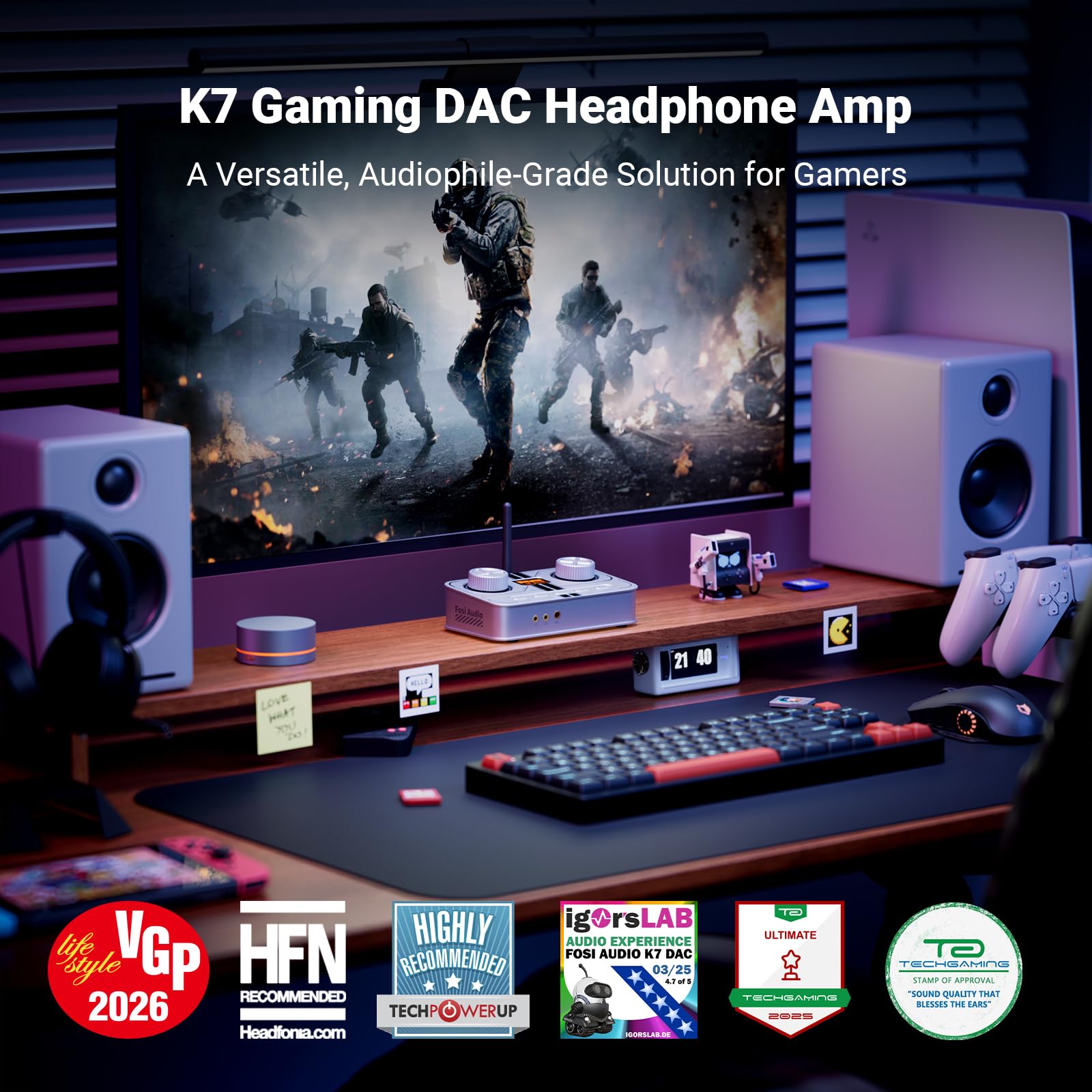 K7 DAC Ampli Casque, Jusqu'à PCM 384 kHz/32 bits, USB C/Bluetooth aptX HD LL/Optique/Coaxial/Entrée Micro, Sortie Symétrique 4,4 mm/3,5 mm/RCA pour PC PS5 Espace de Travail Gaming-Argenté