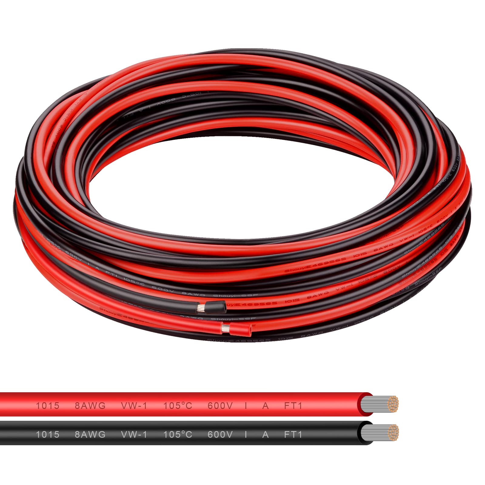 Shirbly 8 AWG Electrical Wire - 50FT Red & 50FT Black Tinned Copper Cable for Car Audio Automotive Trailer Marine, PVC Wire for Low Voltage LED Light (8AWG 50FT Red + 50FT Black)