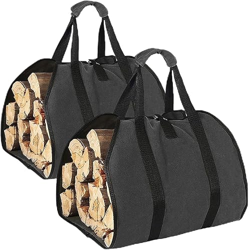 Lckaey Bolsa de transporte de leña con asas Soporte de madera de lona para chimenea Camping estufa Tote Accesorios al aire libre 2PCS CH001-negro