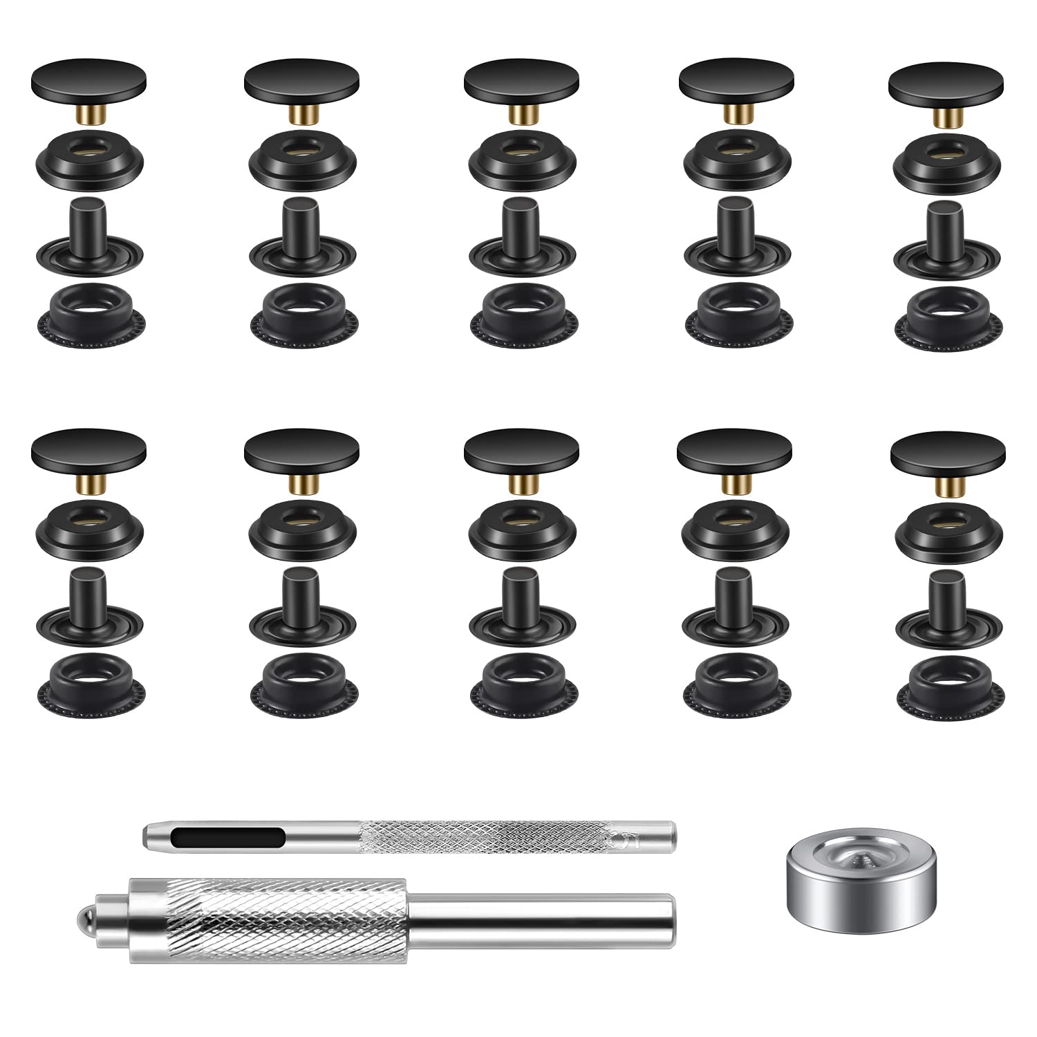 Juego de 100 piezas (25 juegos) de herramientas de cierre a presión de 15 mm, kit de botones a presión para cuero y cuero, kit de cierres para broches de metal de alta calidad para bolsos, jeans,
