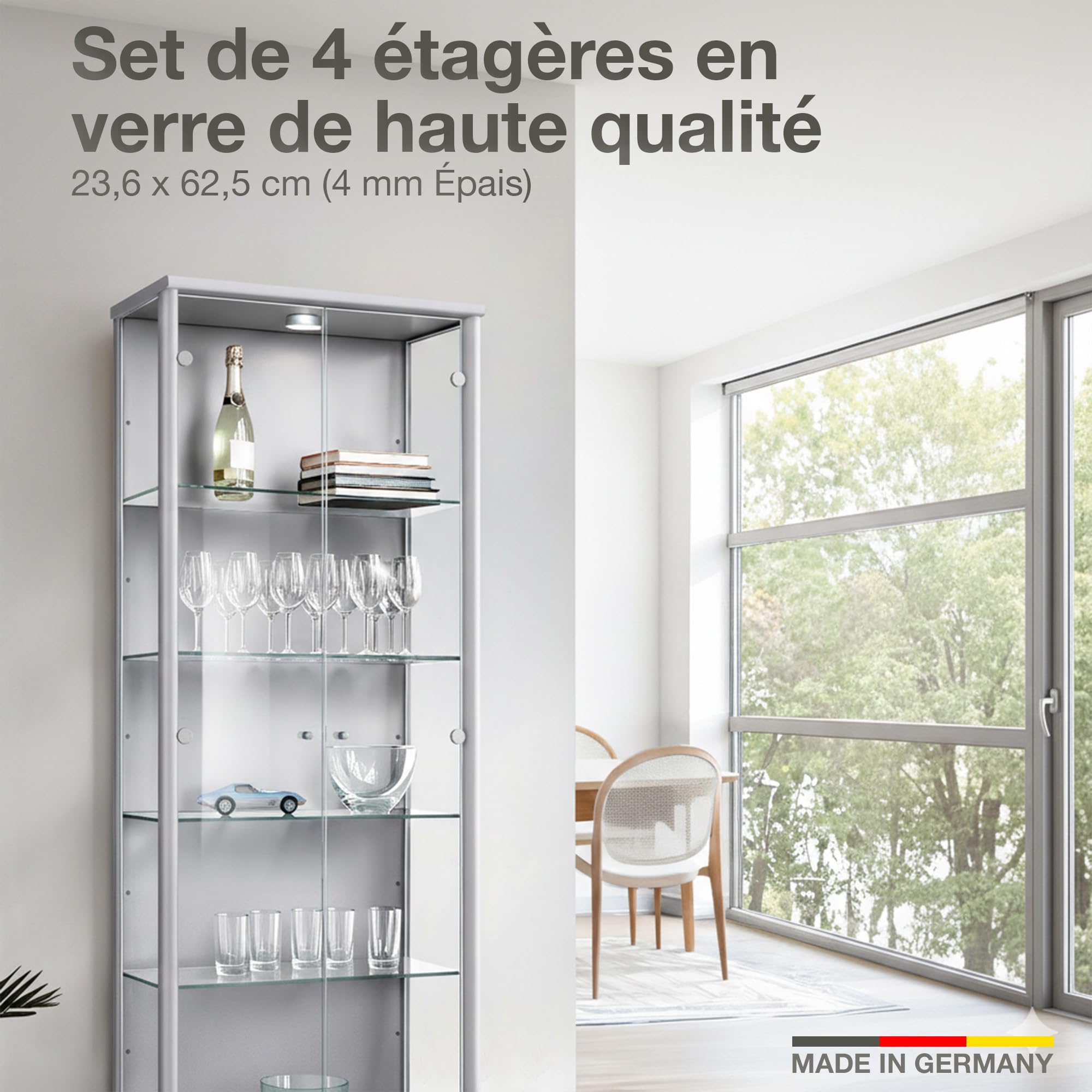 Lot de 4 étagères en Verre 625x236x4 mm Transparentes, avec Supports de 5 mm et Capuchons - Fabriqué en Allemagne - Étagères pour vitrines à 2 Portes - Extension d'étagères en Verre