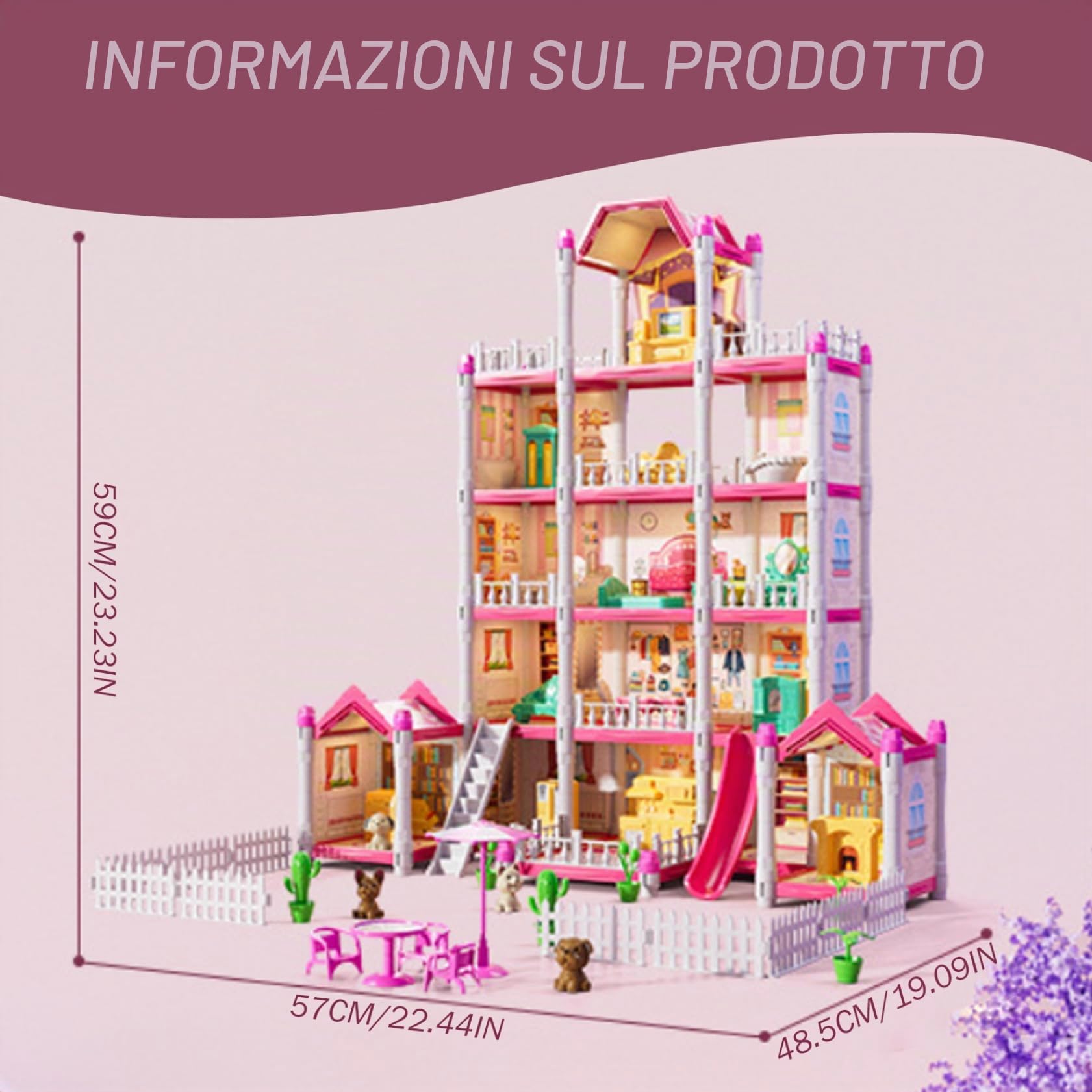 Casa delle bambole di lusso a 5 piani con 14 stanze, per bambine, castello da principessa fai da te con bambola, cucciolo, mobili e accessori, giocattoli di Natale da sogno per bambini di 3+ anni.