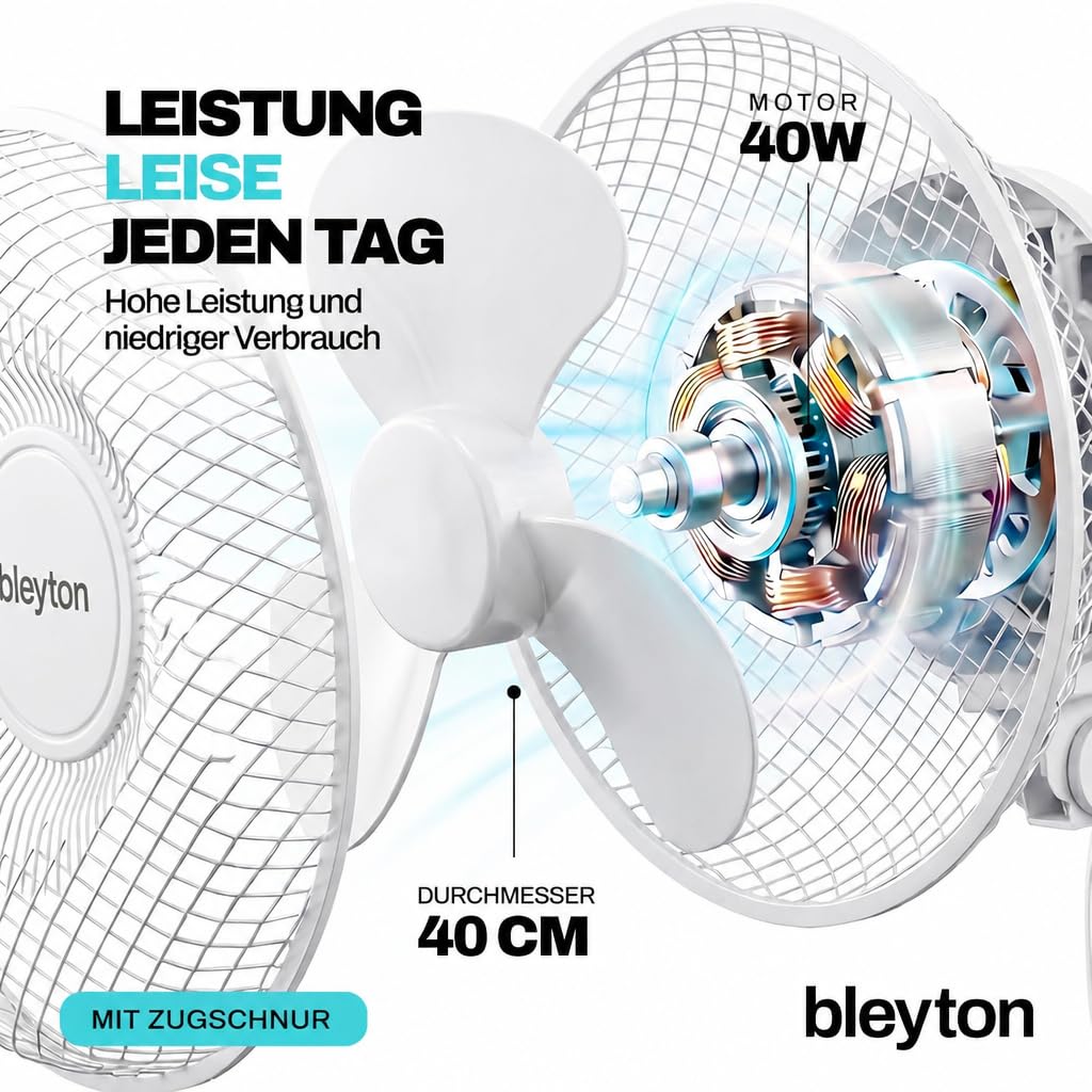 GROWMANIA Leiser Ventilator | Standventilator, Tischventilator und Wandventilator | 3 leise Geschwindigkeitsstufen | Leistungsstark mit 40 W