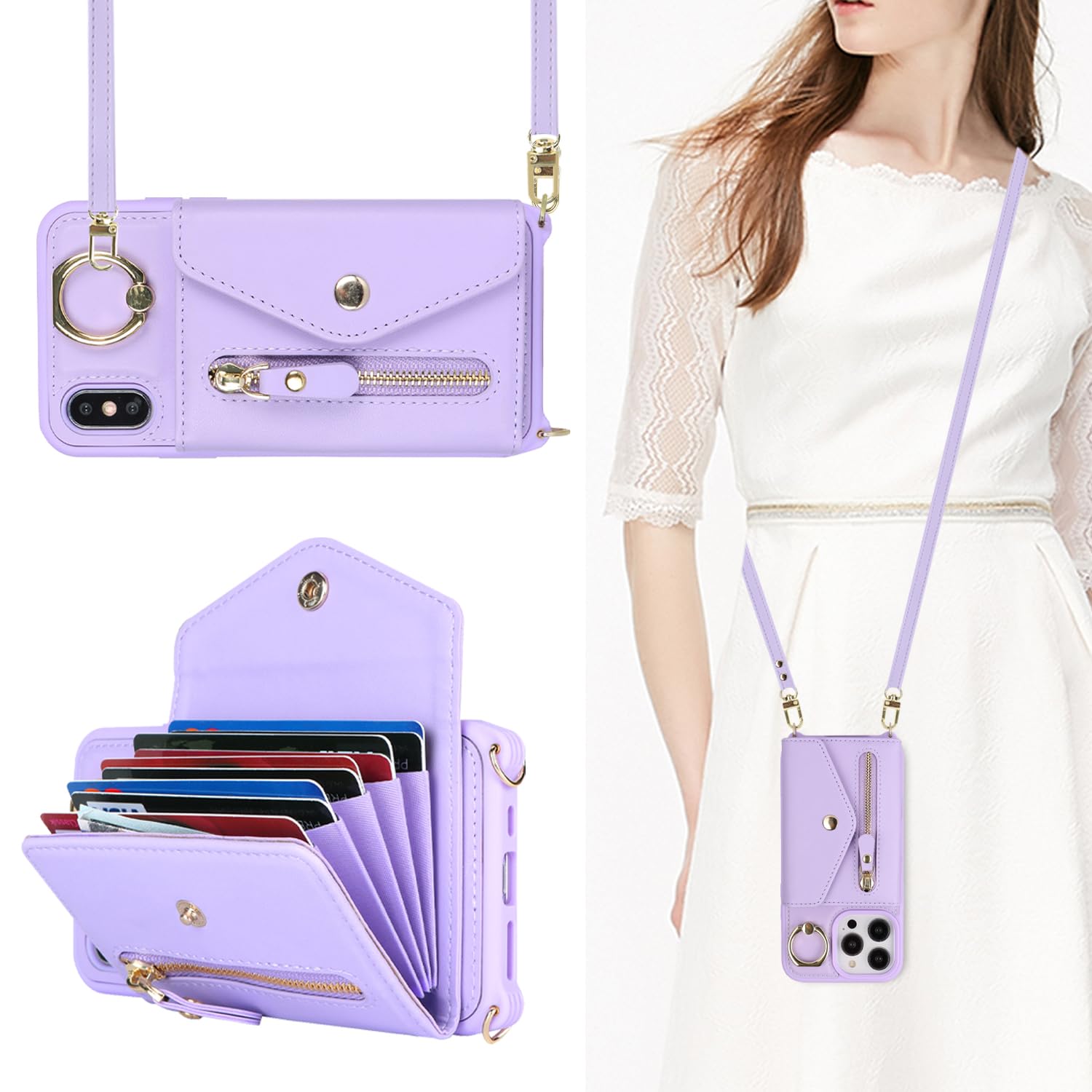 SailorTech iPhone XS Max Case with Zipper Credit Card Holder for Women iPhone XS Max Phone Leather Case Ring Stand with Card Slots Kickstand Wallet Crossbody for iPhone XS Max-Purple