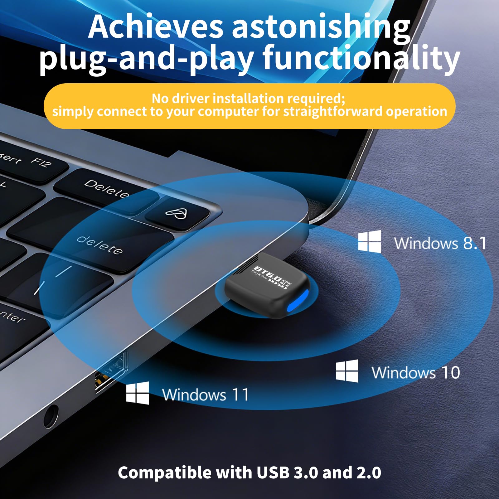 Adaptateur Bluetooth USB 6.0 EDR & BLE pour PC Design compact Plug & Play Compatible avec Windows 8.1/10/11 Récepteur Bluetooth et émetteur pour clavier/souris/casque/haut-parleurs/imprimante