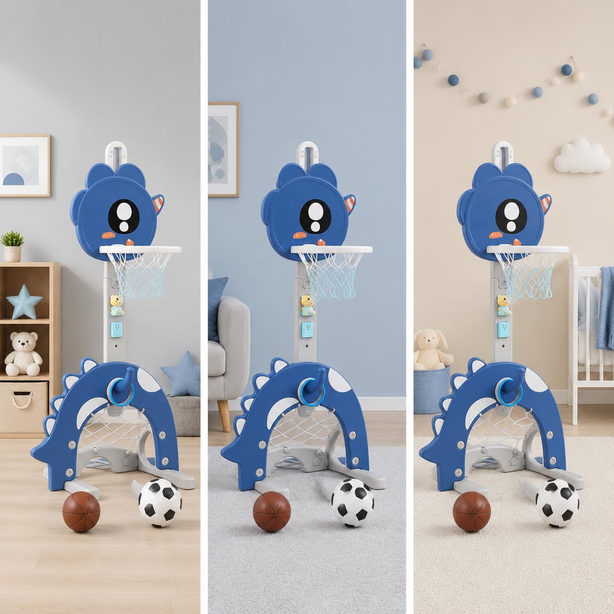 Qianly Basketballkorb für Kinder, Höhenverstellbarer Basketballständer aus, Mini Basketball Indoor & Outdoor, Spielzeug ab 2 Jahre, 加高恐龙款（蓝） 球+套+高+音+故