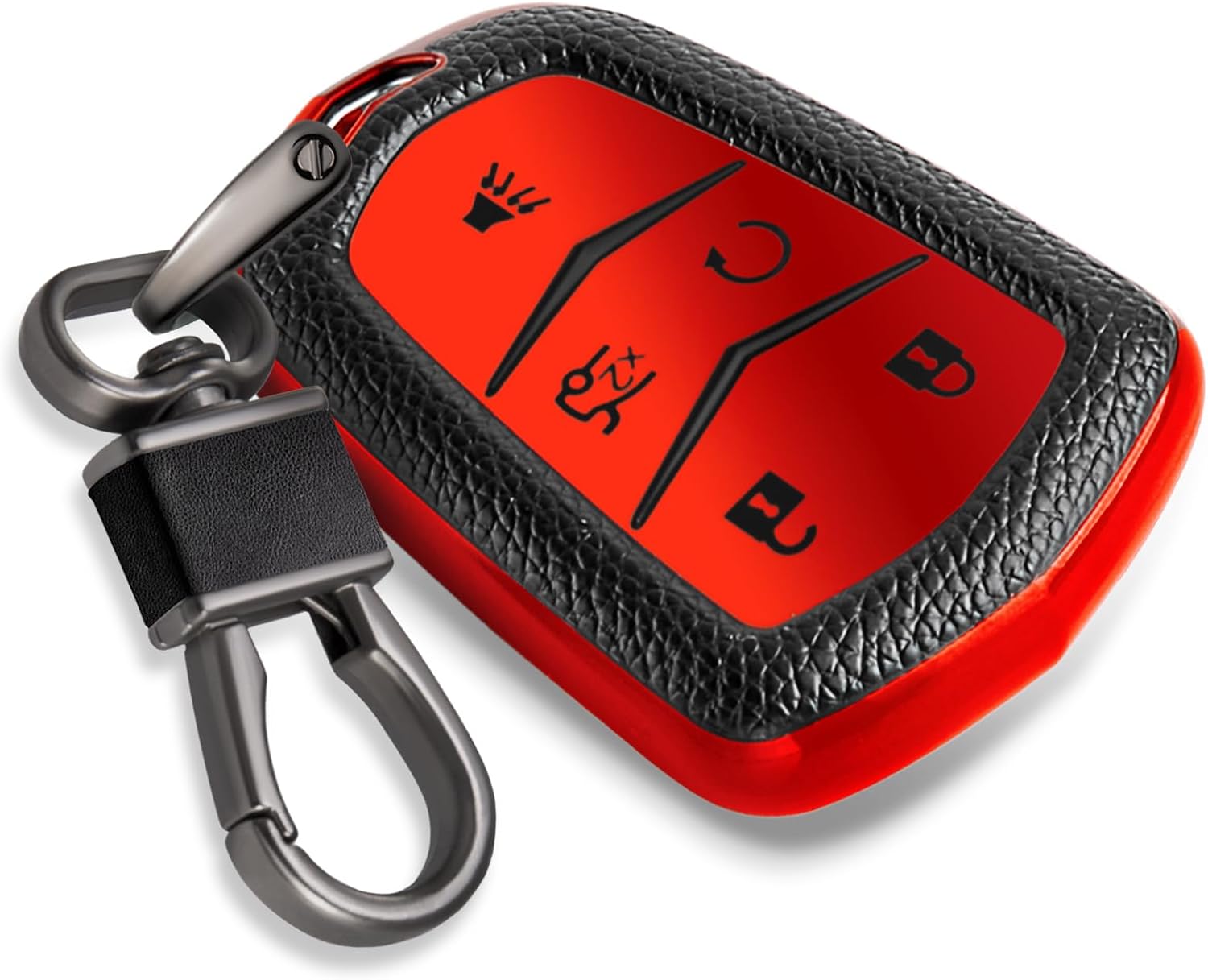 Key Fob Cover for Cadillac, Leather-Style Keychain Tab, Red