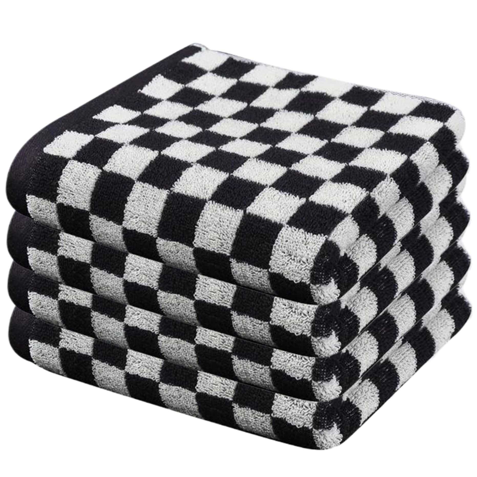 Serviettes de bain en coton à carreaux noirs et blancs - Lot de 4 essuie-mains 37x73 cm