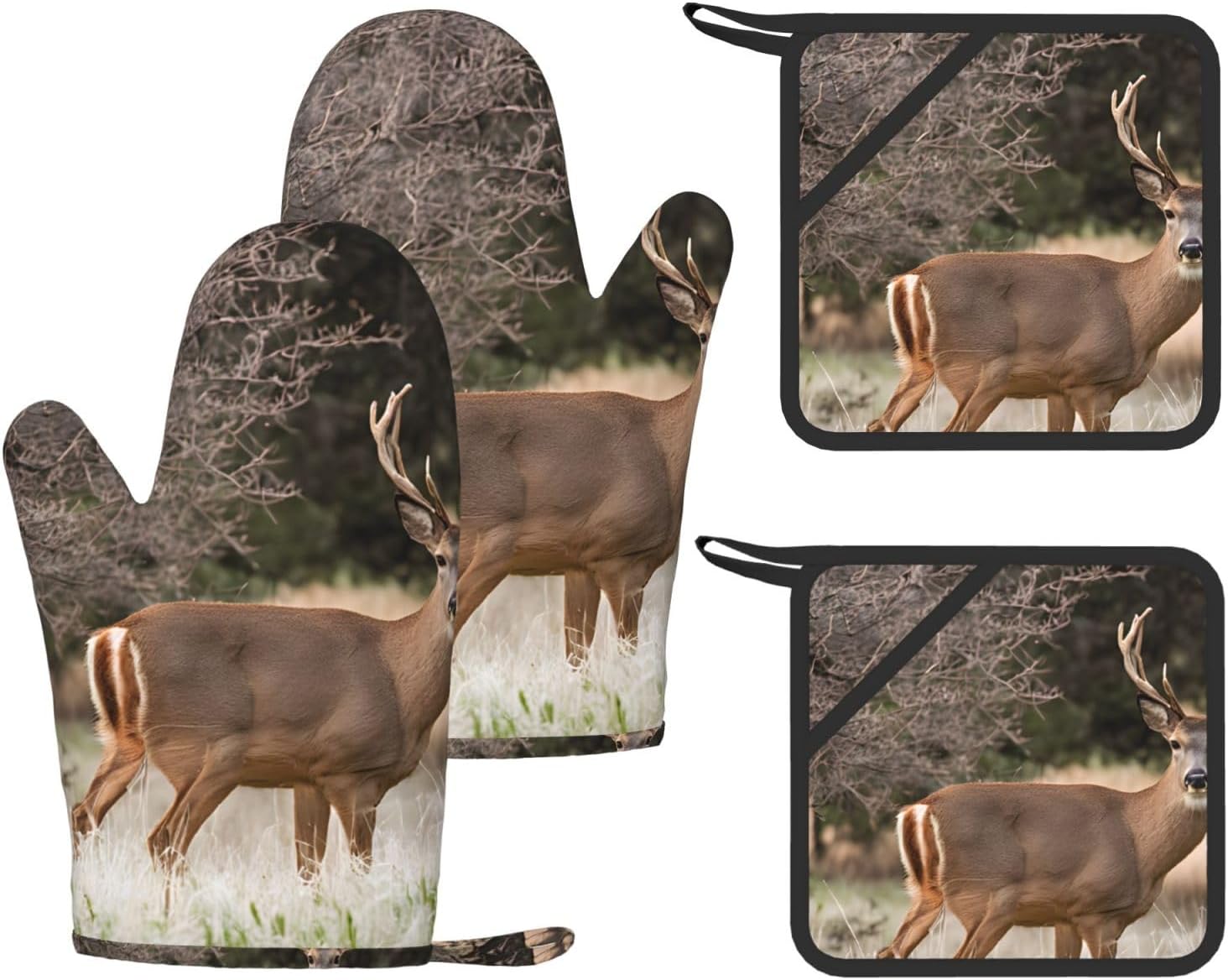 Free Whitetail Deer 4pcs Oven Mitts and Pot Holders Sets for Kitchen, Silicone Oven Gloves Non-Slip Potholders Hot Pads for Baking Cooking