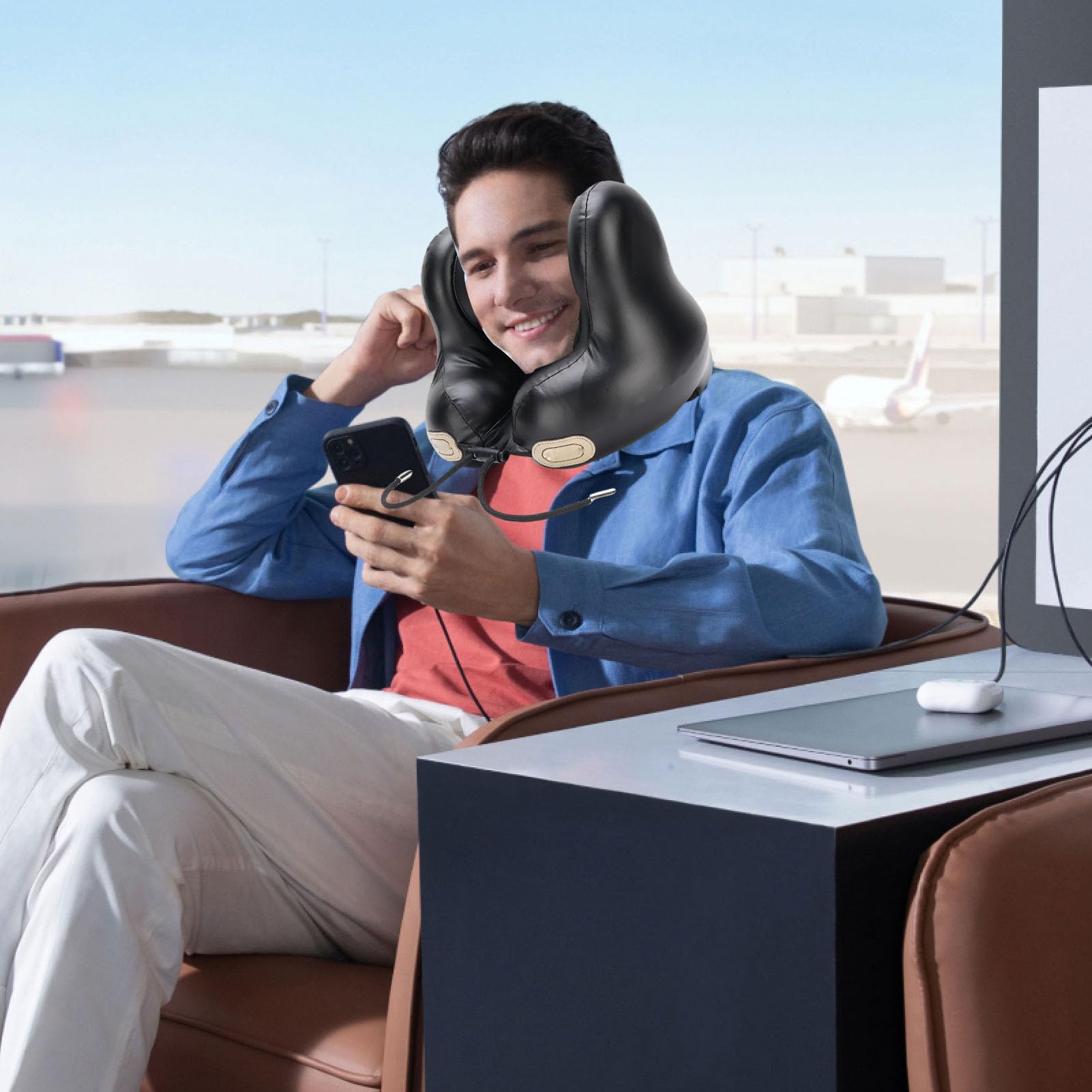 Haofy Cuscino da Viaggio per Collo con Auricolare per Aereo, Cuscini da Viaggio Memory Foam Supporto per Collo a Forma di U Cuscino Musicale con Cancellazione del Rumore per Aereo Auricolari