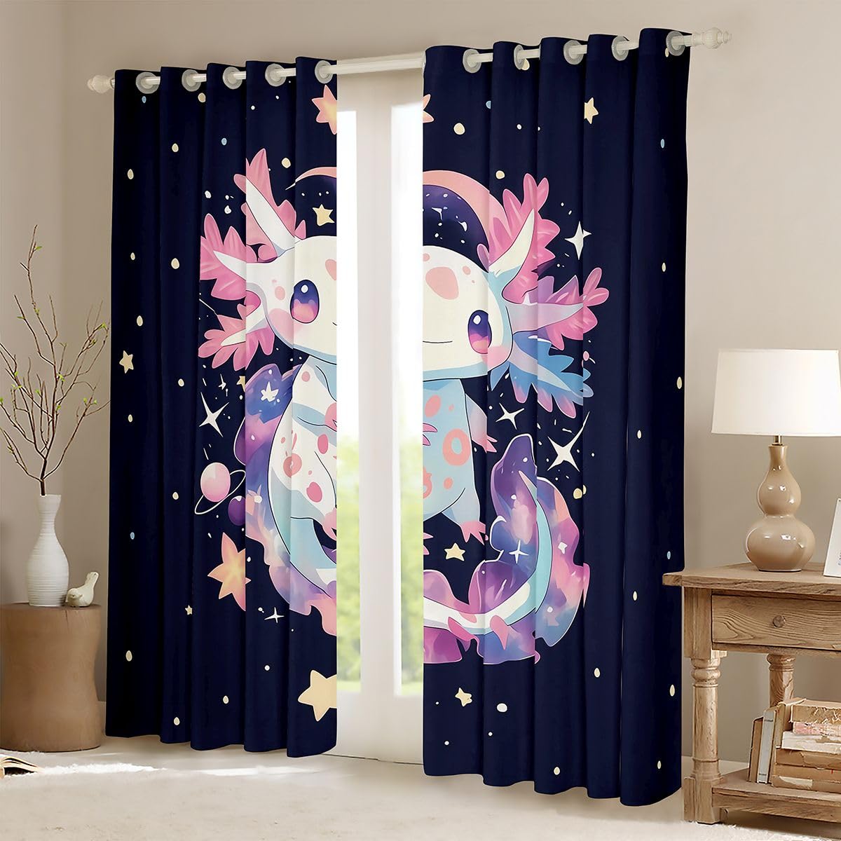 Homemissing Tende oscuranti Axolotl per camera da letto e soggiorno, motivo salamandra, stile kawaii, oceano marino, 2 pannelli, 132 x 228 cm, decorazione per la stanza nera e rosa
