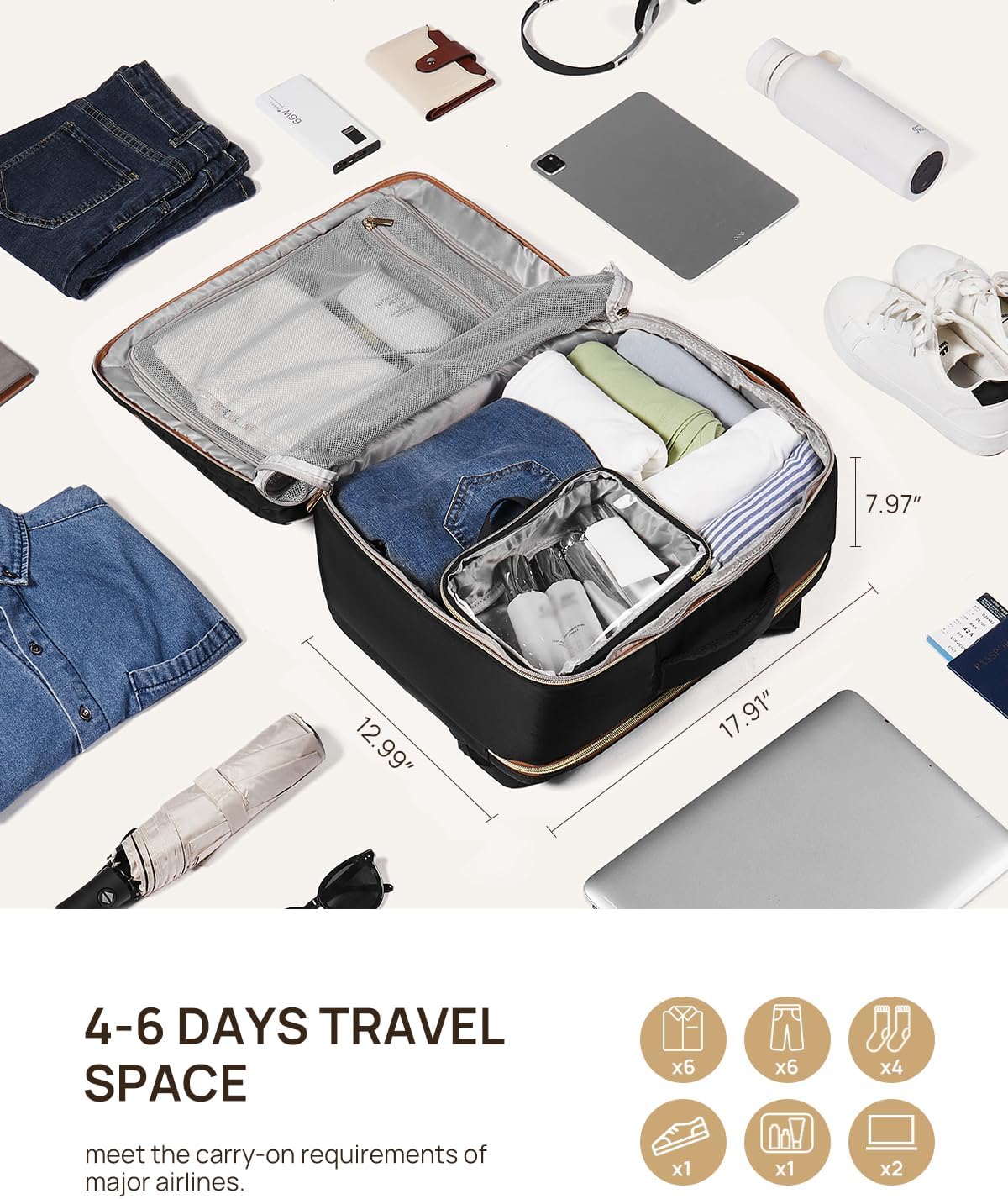 Telena Travel Backpack for Women, 17.3 inch Laptop TSA Carry On Personal Item Size Flight Approved Travel Bag Daypack with Multi-Pockets for Work, Travel, Business, Black-Brown