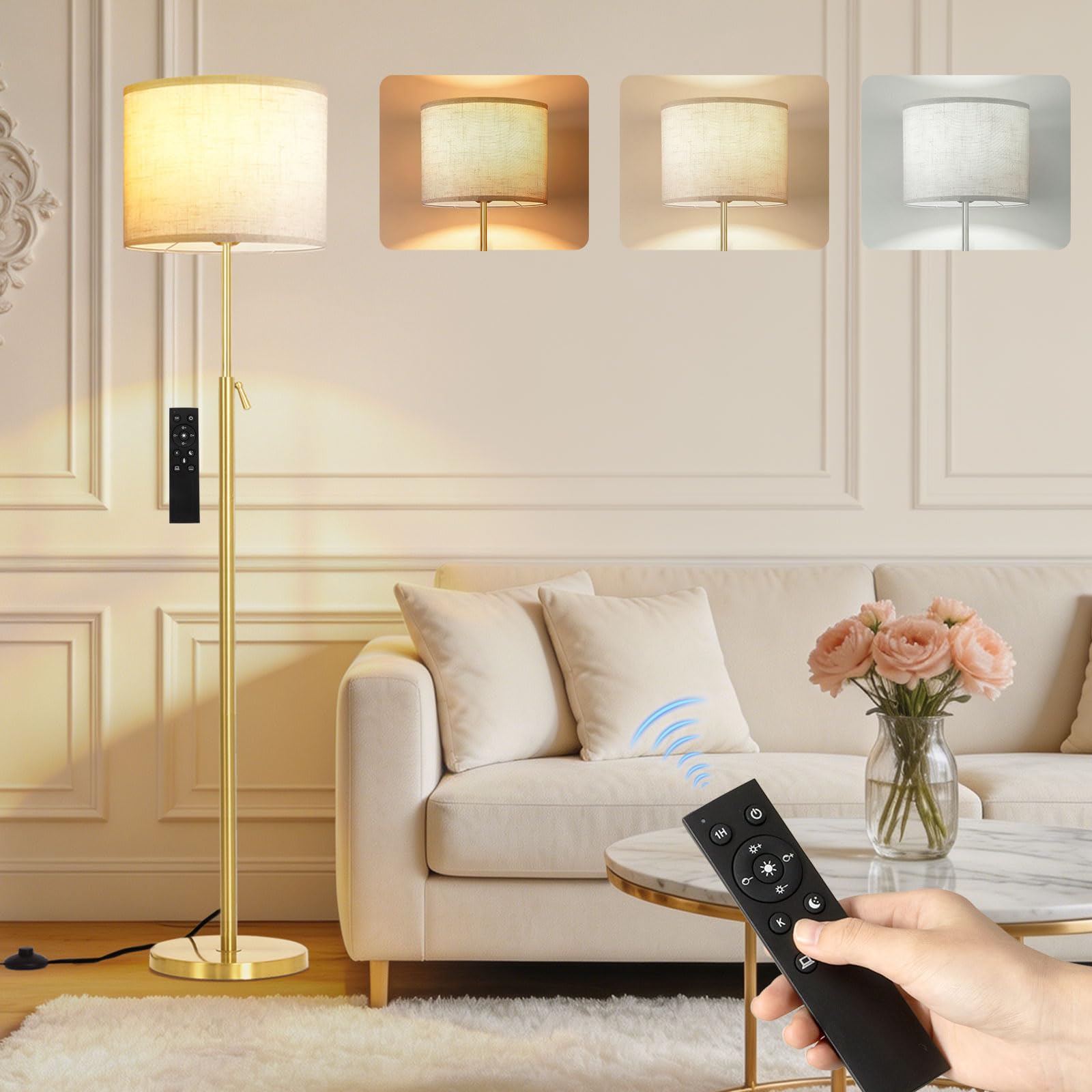 Floor Lamp for Living Room - Tall Standing Lamps for Bedroom Gold Modern 55"-67" Height Adjustable - Stepless Dimmable Color Temperature Standard Lights with Shade and Remote Control - Bulb Included