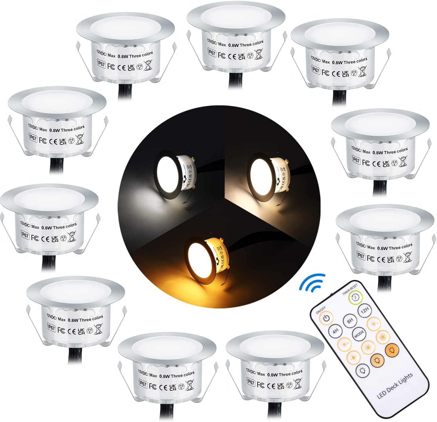 SMY Lighting Recessed LED Deck Light Kits with Remote Control, 10 Pack Dimmable Deck Lighting IP67 Waterproof 12V Outdoor LED Decking Stair Light 3 Color Changing for Yard,Garden,Patio,Stair Decor