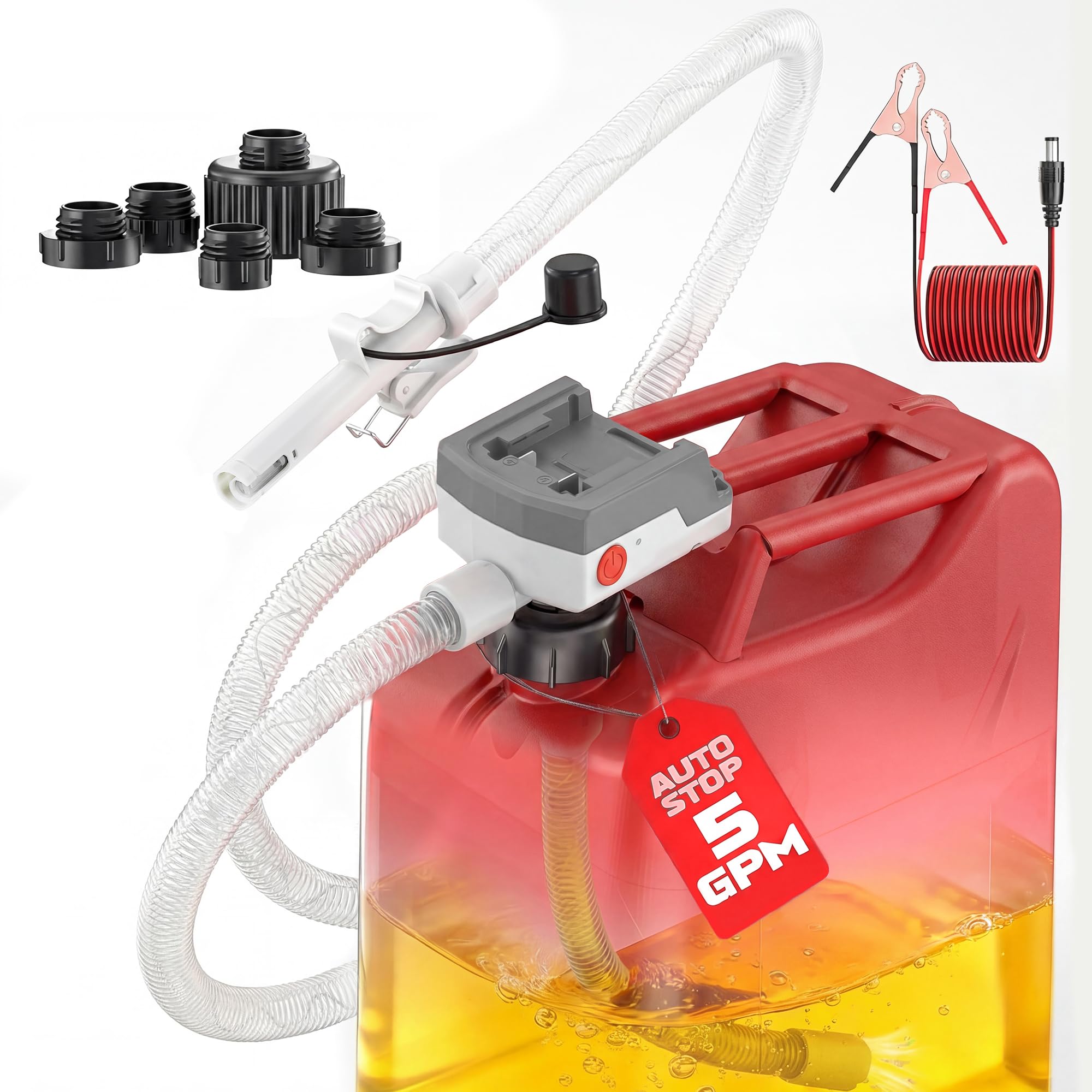 5 GPM Cordless Fuel Transfer Pump with Auto Shut-Off &amp; Beep Alert, Electric Pump for Gasoline/Diesel, Compatible with DeWalt 20V &amp; Milwaukee 18V Batteries, 5 Adapters for Car Truck Boat Motorcycle