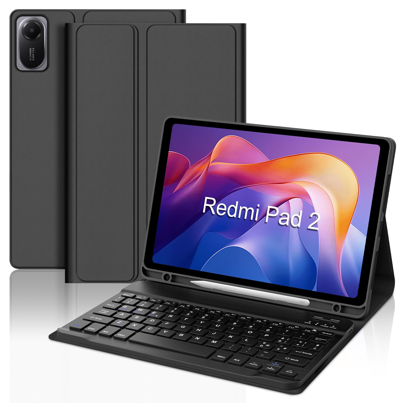 IVEOPPE Tastiera per Xiaomi Redmi Pad 2/ Remi SE 11", Cover con Tastiera Rimovibile, Keyboard Italiano QWERTY Bluetooth, Custodia con Portapenna, Nero