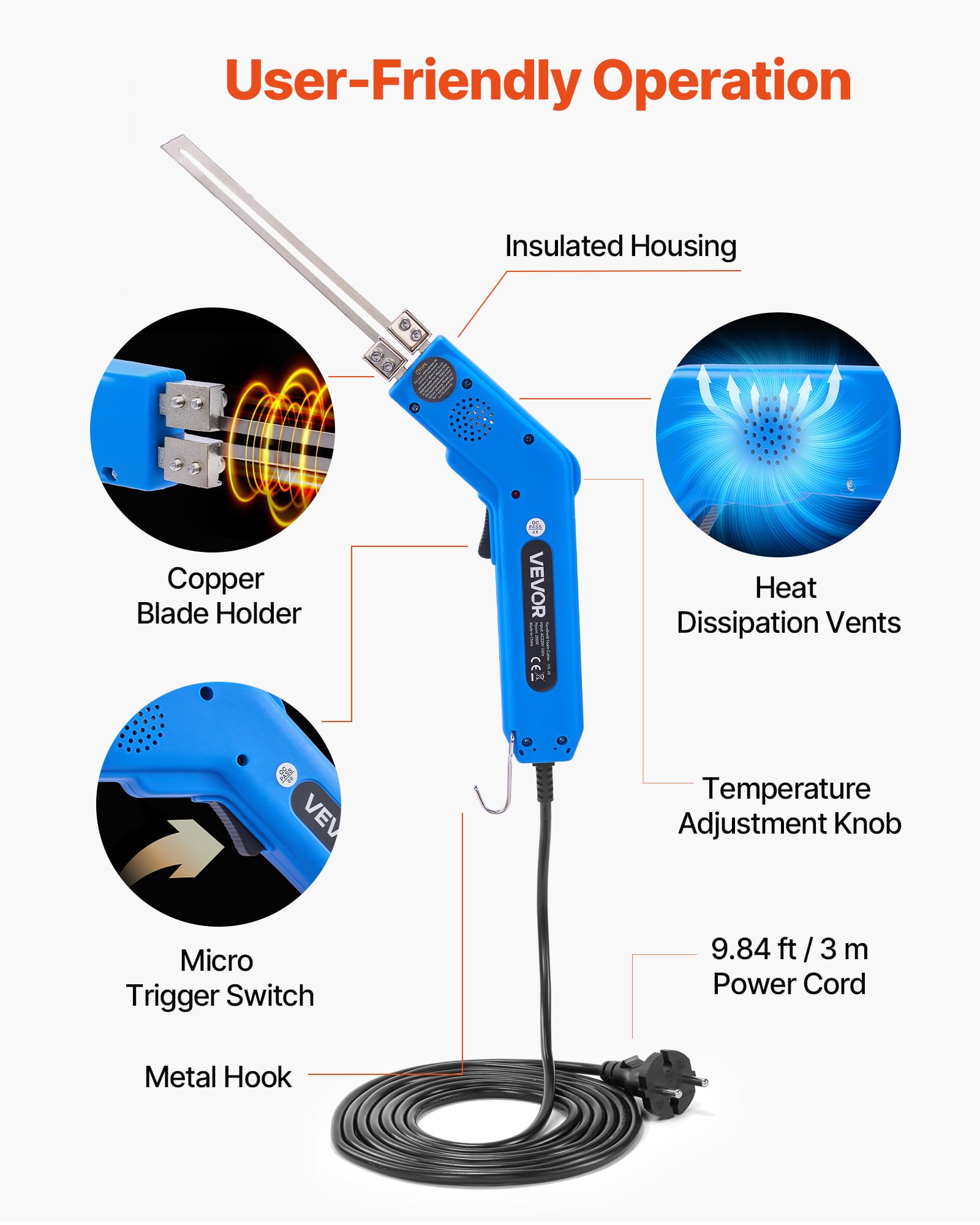 VEVOR Styroporschneider, 200 W Styrocutter, 50-500 °C Einstellbarer Schaumstoffschneider mit 150 mm & 200 mm Schneidklingen für KT-Platten, Polyethylen, Schwamm, Gummi – Werkzeugkasten enthalten