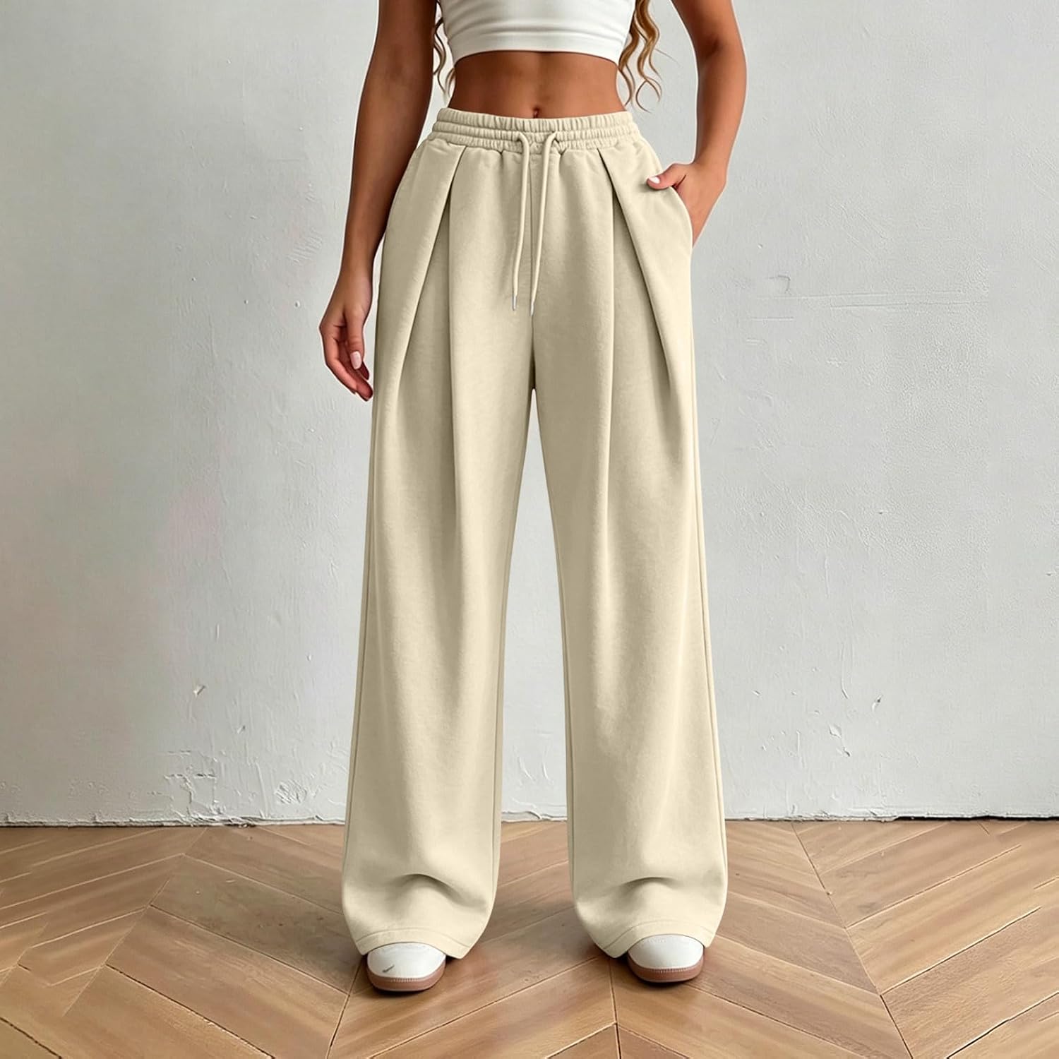 Women Wide Leg Sweatpants Loose Fit High Waist Pleated Workout Pants | Casual Drawstring Elastic Waist Sweat Pant with Pockets Baggy Athletic Lounge Travel Pants