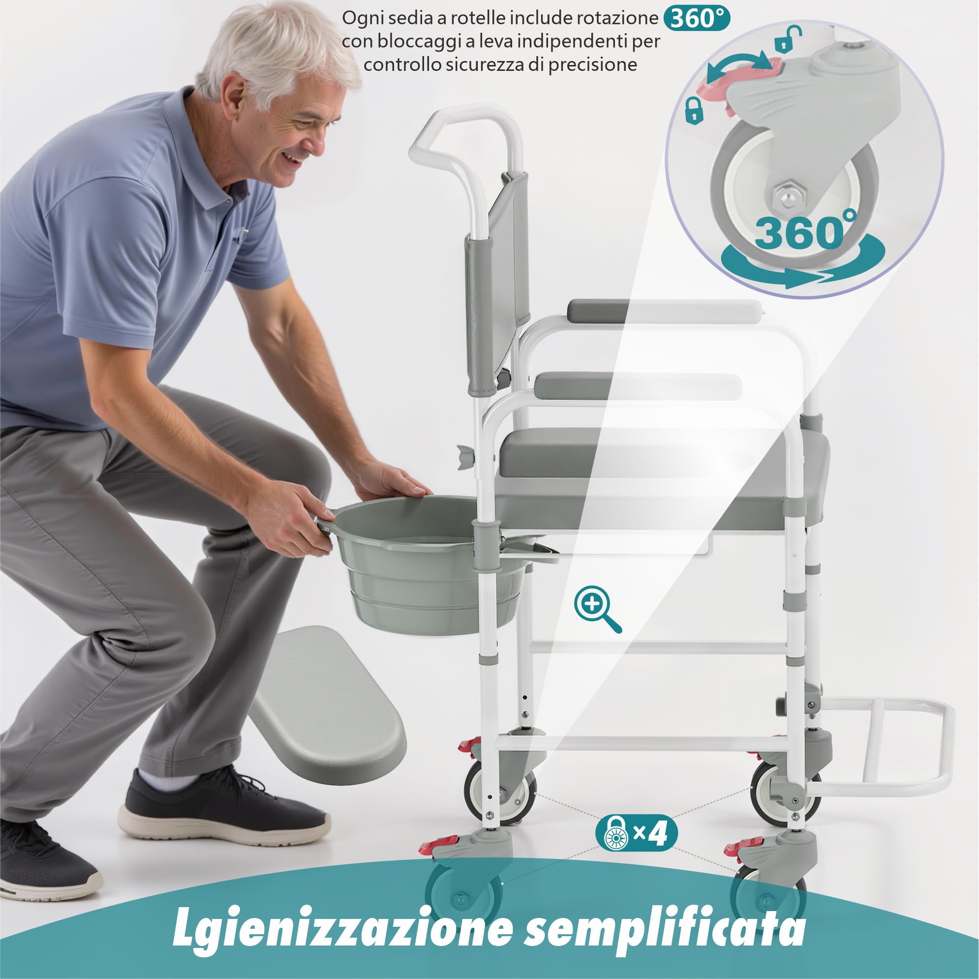 Sedia da comoda con ruote per anziani, sedia da doccia con portata di 120 kg, wc portatile con secchio per disabili e anziani