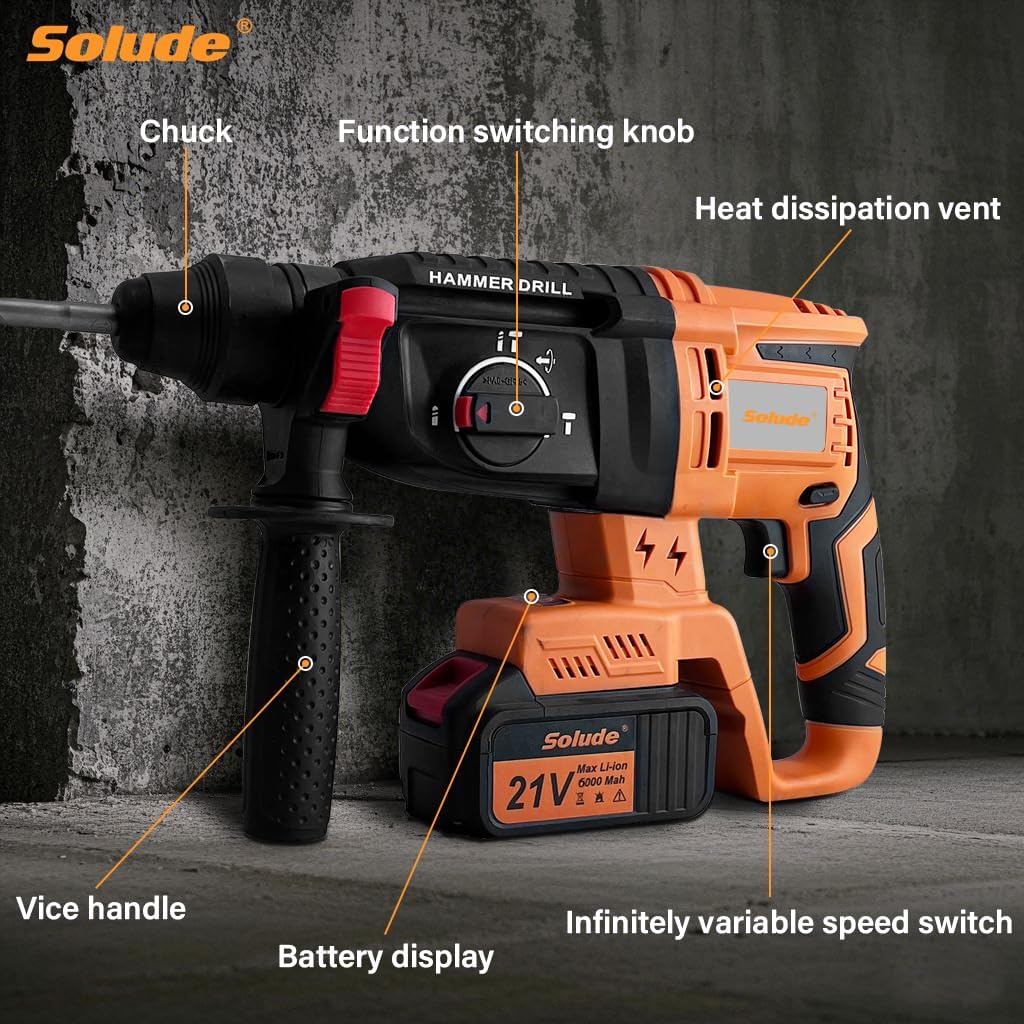 21V Cordless Rotary Hammer Drill with 2 Pack 6Ah Batteries, SDS-Plus Hammer Drill for Concrete Demolition Chipping Rotomartillo Home Renovation with Brushless Motor,4 Working Modes