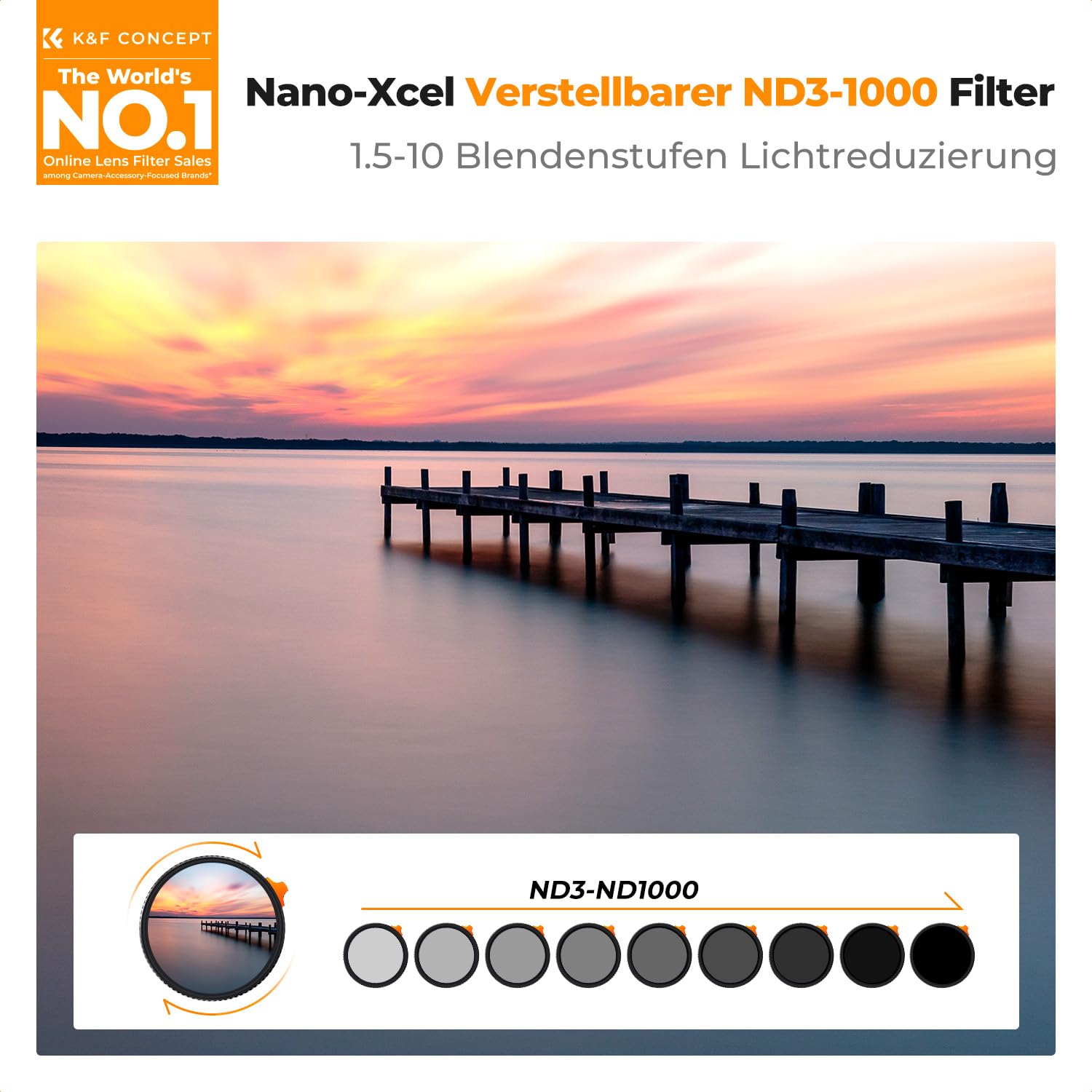 K&F CONCEPT Variabler ND Filter 67mm ND3-ND1000 Graufilter (1.5-10 Blendenstufen) （Nano-Xcel）