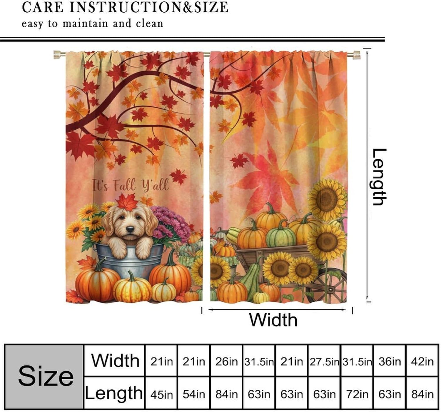 Fall Maple Leaf Curtains Harvest Orange Pumpkin Sunflower Cartoon Dog Autumn Blackout Rod Pocket Window Treatments for Farmhouse Restaurant Kids Bedroom Living Kitchen Cafe Drapes 52" W X 84" L
