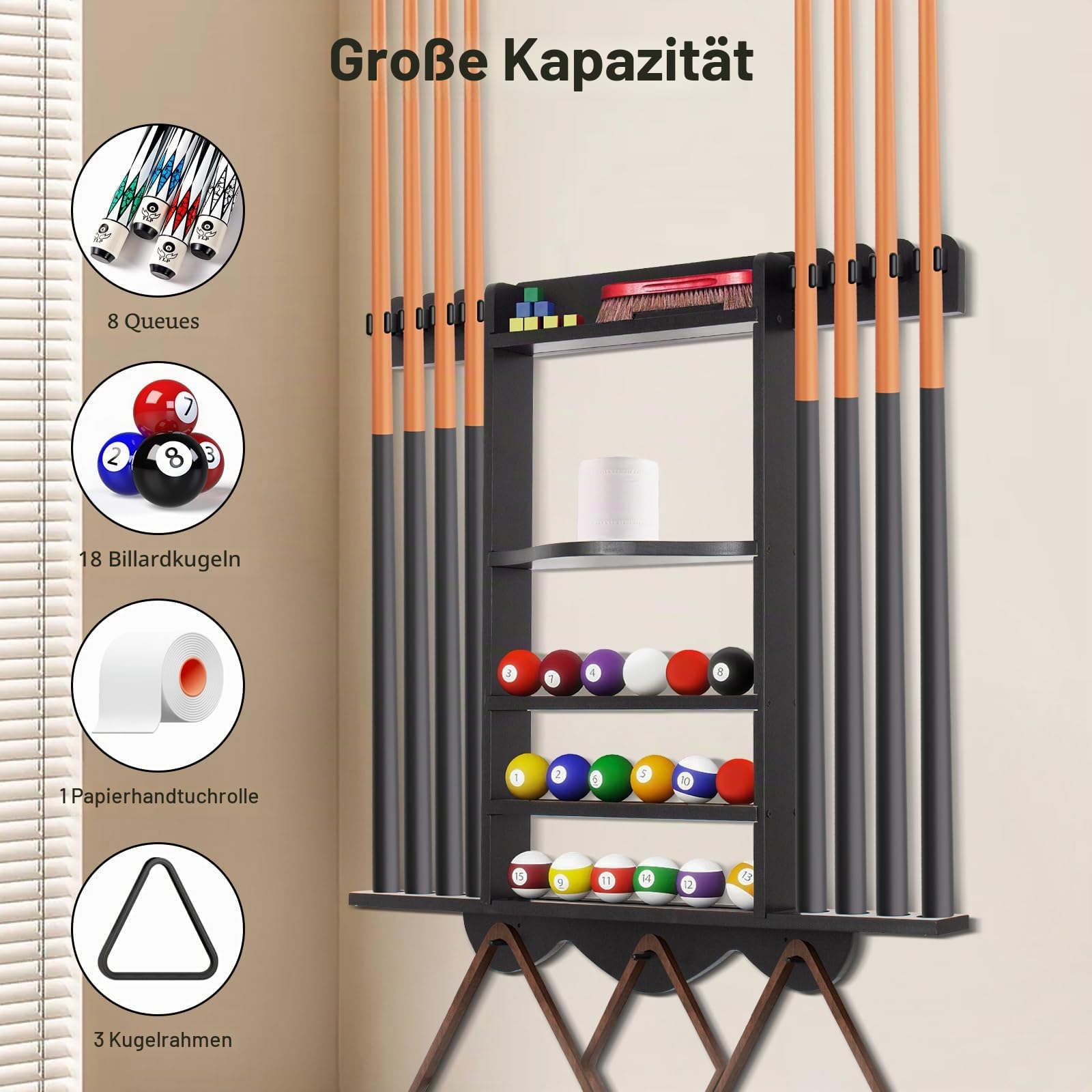 Leogreen Billard Queue Halter für 8 Queues, 18 Billardkugeln, 3 Ballständer und 1 Rollenpapier, Wandmontierter Queueständer aus Kiefernholz mit Aufbewahrungsregal, für Billardzimmer, Bars Club