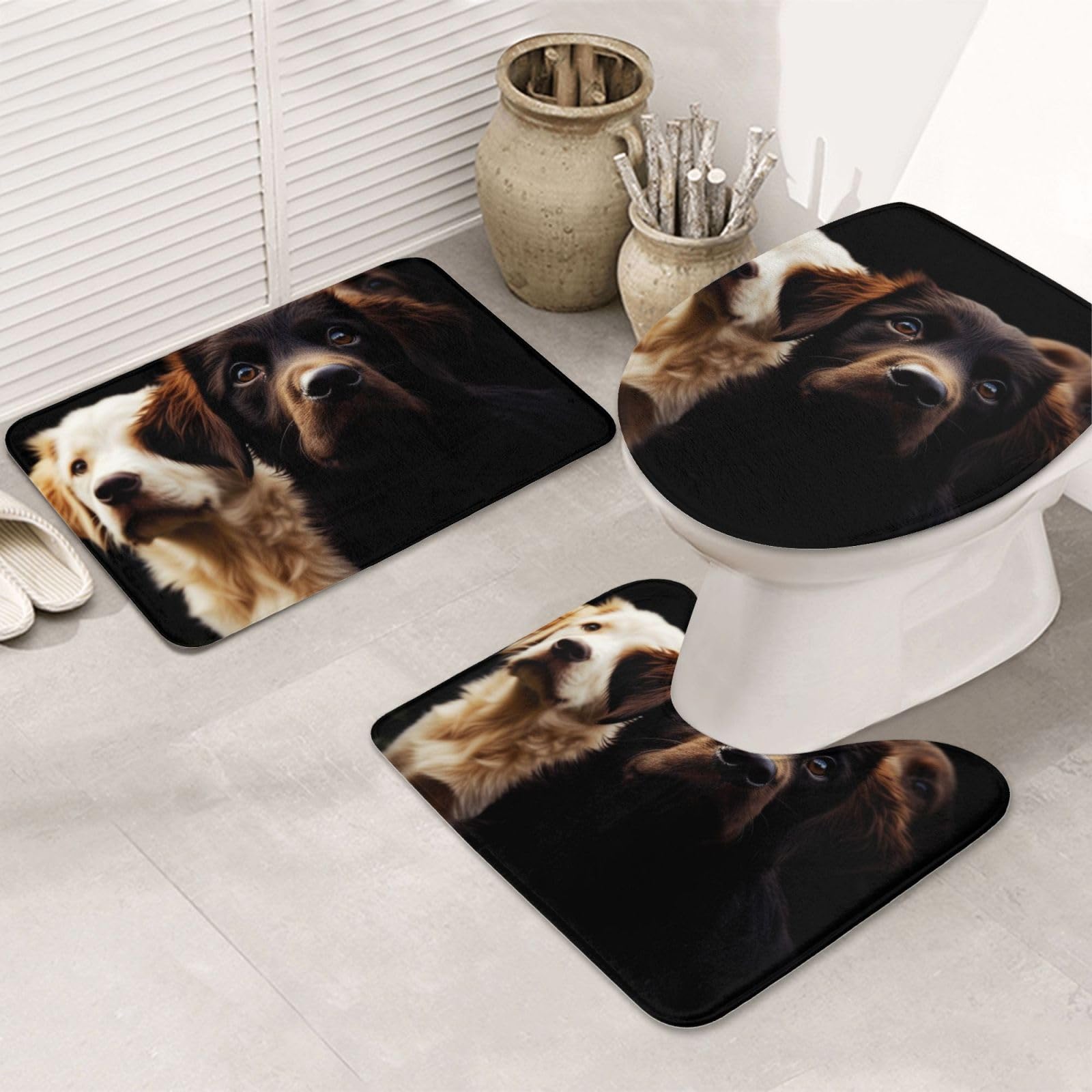 Tapis de bain anti-glissade ensemble 3 pièces imprimé chiots pour sol sec et sécurisé