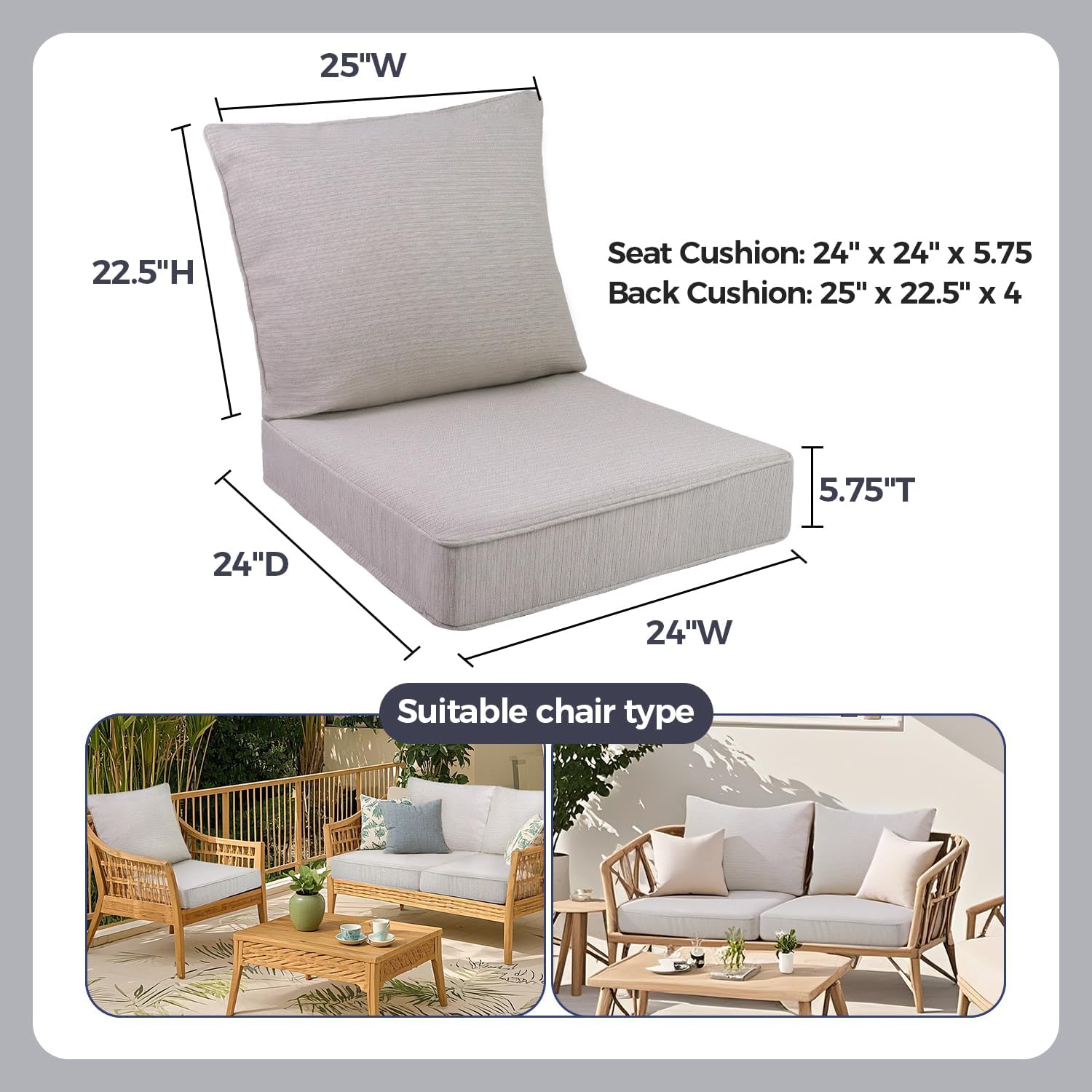 Outdoor Seat Cushion Set, 24 x 24, Rain-Proof & Fade Resistant, Patio Furniture Cushions with Deep Seat Bottom and Back, Removable Cushions for Chair, (Beige)