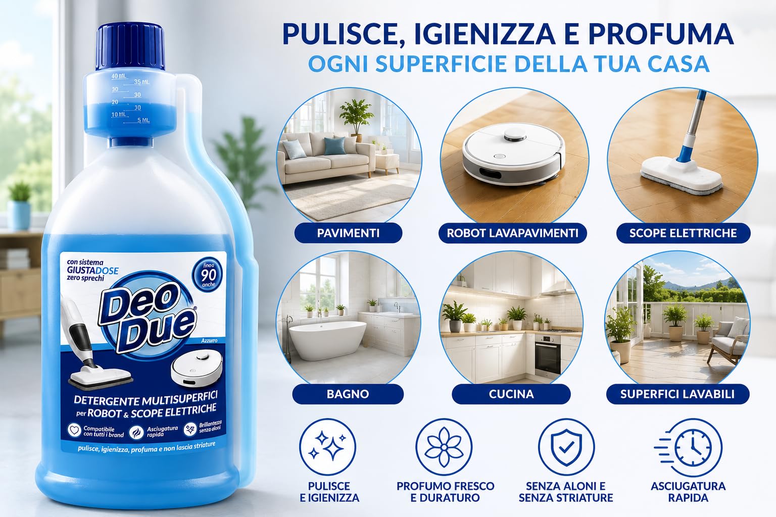 Detergente Multisuperfici Deo Due per Robot Lavapavimenti e Scope Elettriche – Profumo Fresco, Pulizia Profonda, Compatibile con Tutti i Brand, No Aloni – 4 Unita da 900ml
