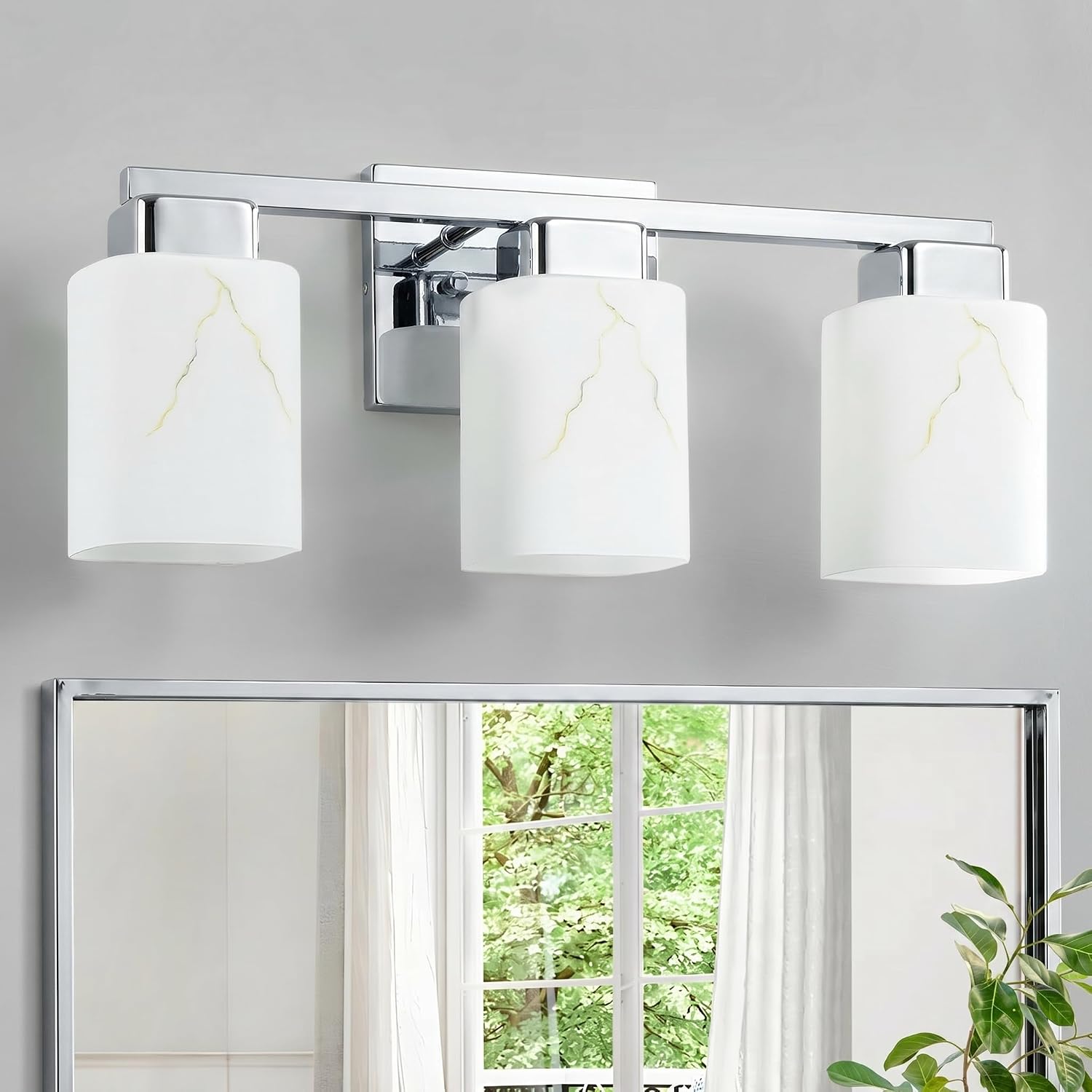 3-Light Square Bathroom Light Fixture, Chrome Modern Vanity Light with White Marble Glass Shade, for Bathroom Mirror, Living Room, Bedroom, Hallway, E26 Base