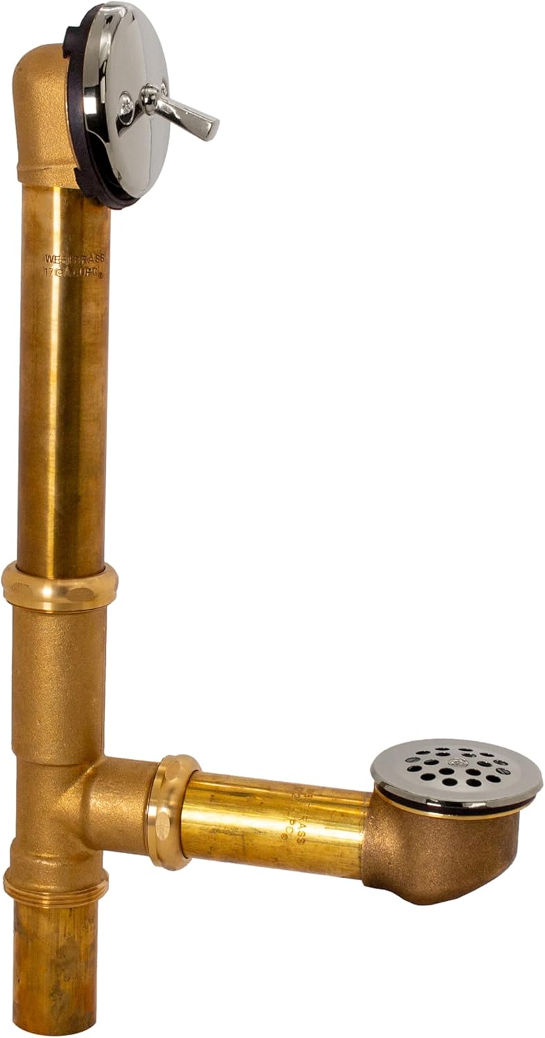 Westbrass A323-05 14" Bath Waste & Overflow Assembly with Trip Lever and Beehive Strainer Grid Drain, Polished Nickel