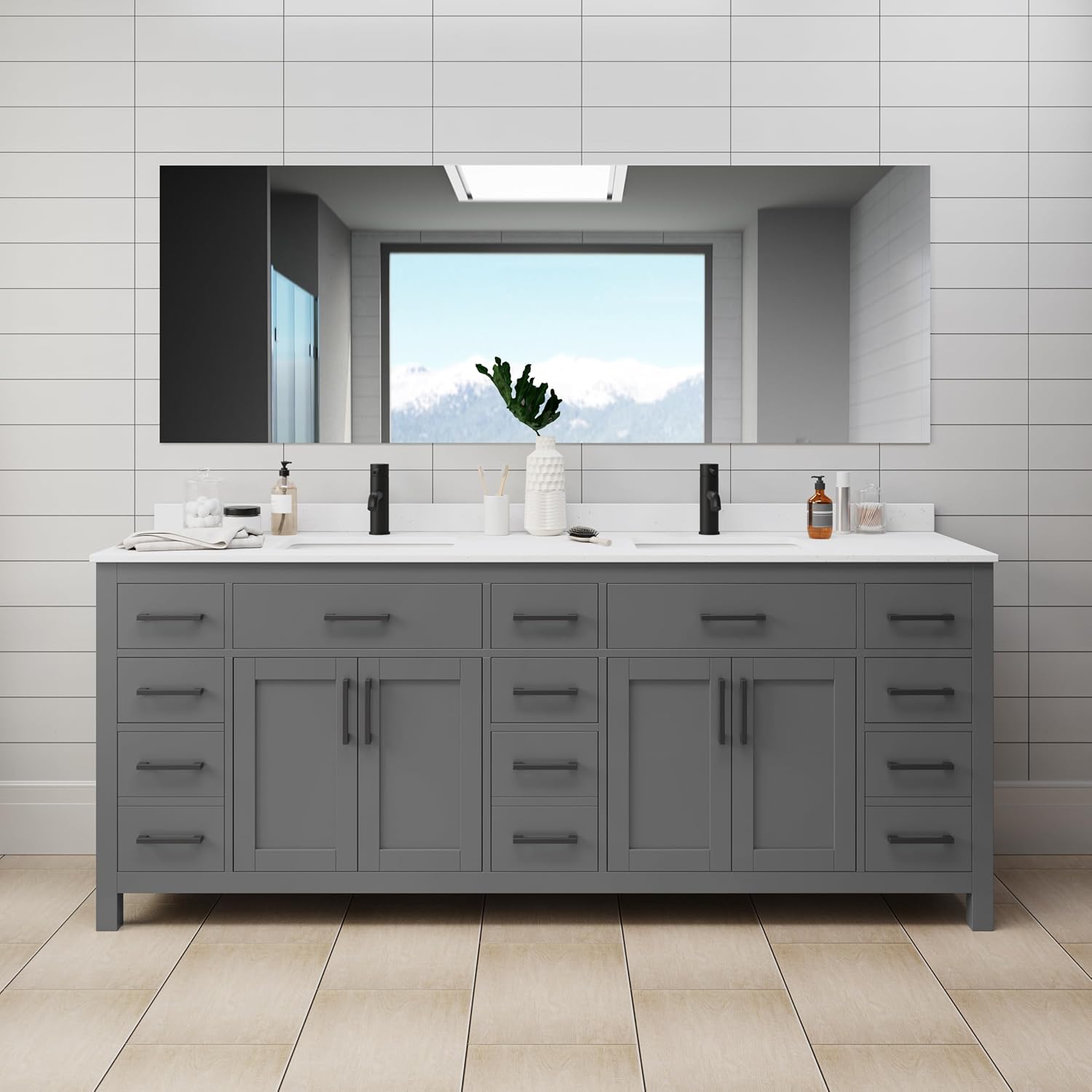 Beckett 84 Inch Double Bathroom Vanity in Dark Gray, White Cultured Marble Countertop, Undermount Square Sinks, Matte Black Trim