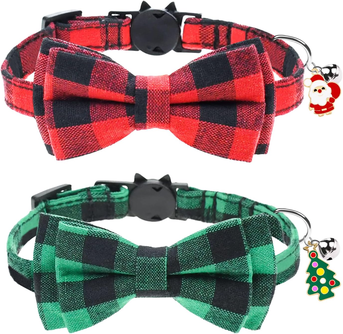 Peclot 2 Pack Christmas Cat Collar Breakaway with Bow Tie and Bell, Classical Buffalo Plaid Pet Collars with Santa and Xmas Tree,…