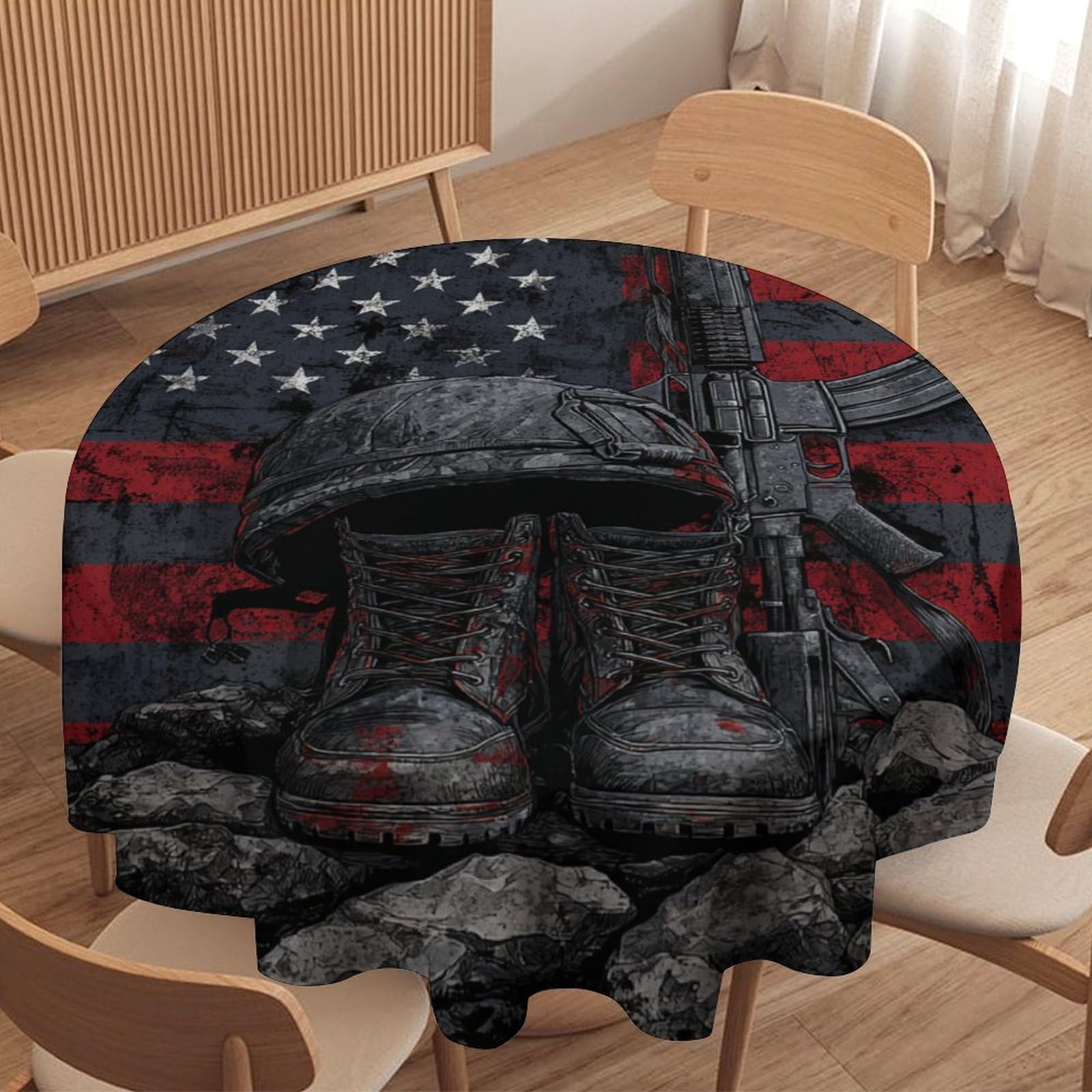 LUYYSKY Rustic Vintage 4th of July Round Tablecloth Retro Modern Patriotic American Flag Soldier Pattern Washable Decor for Table Cover for Kitchen-91.4" Wx91.4 L cm