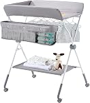 VEVOR Baby Changing Table, Foldable Diaper Change Station with 2 Fabric Drawers, Side Basket & Hanging Rod, Adjustable Height Portable Changing Table with Lockable Wheels & 2 Star Toys, Light Gray