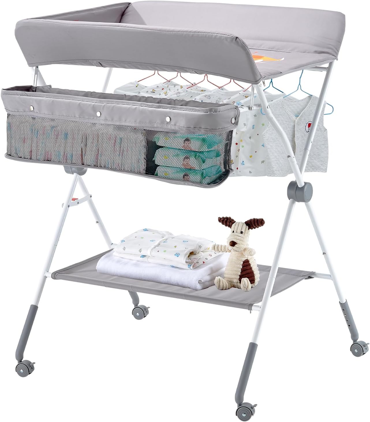 VEVOR Baby Changing Table, Foldable Diaper Change Station with Side Basket, Adjustable Height Changing Table with Lockable Wheels, Multi-Functional Nursery Storage Organizer, Gray