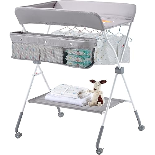 VEVOR Baby Changing Table, Foldable Diaper Change Station with Side Basket, Adjustable Height Changing Table with Lockable Wheels, Multi-Functional Nursery Storage Organizer, Gray