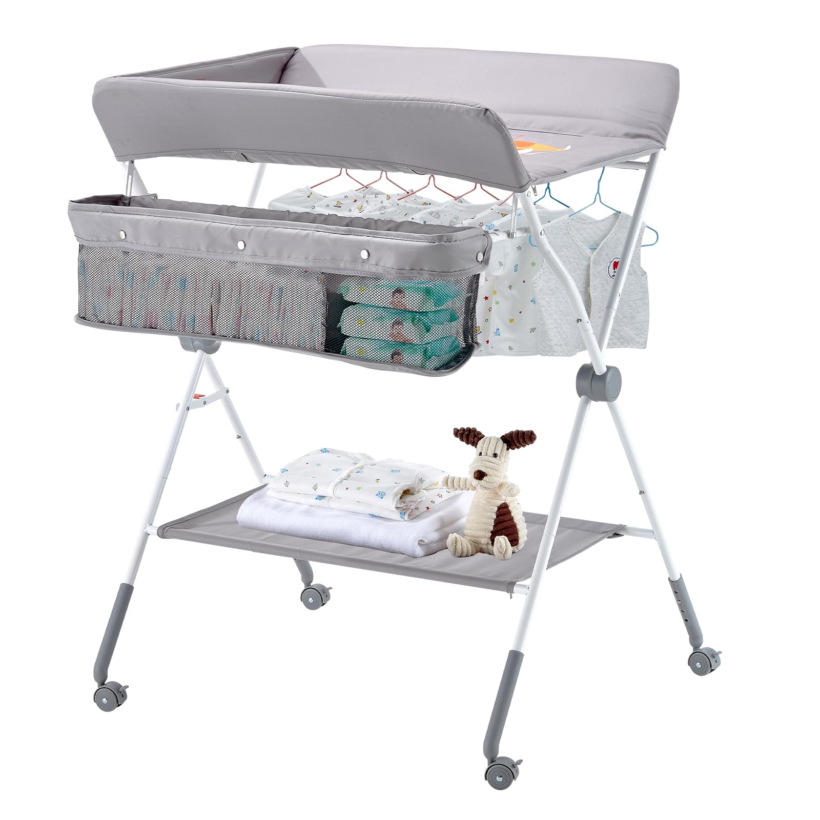 VEVOR Baby Changing Table, Foldable Diaper Change Station with Side Basket, Adjustable Height Changing Table with Lockable Wheels, Multi-Functional Nursery Storage Organizer, Gray