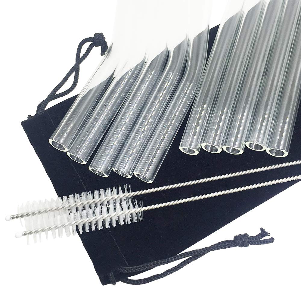 Black Friday - 50% OFF 10 Pack Reusable Glass Drinking Straws, DanziX Extra Clear 10 L x 10 mm Size Smoothie Straws for Milkshakes, Frozen Drinks, Smoothies, Bubble Tea with 2 Cleaning Brush- 5 Straight,5 Bent