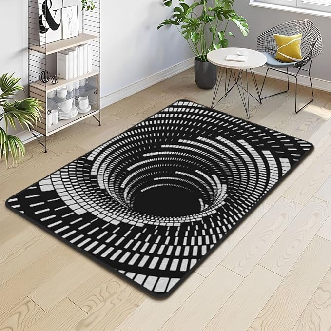 3D Optical Illusion Rug Black and White Checkerboard Vortex
