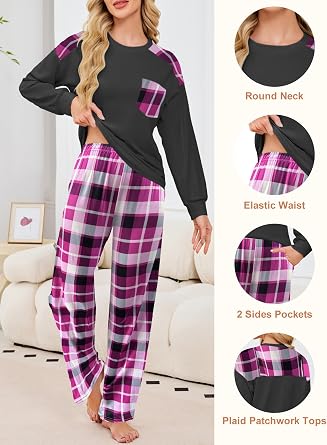 Famulily Womens Pyjamas Set 2 Piece Long Sleeve Pj Sets With Long Plaid Pants Patchwork Sleepwear Comfy Loose Lounge Sets
