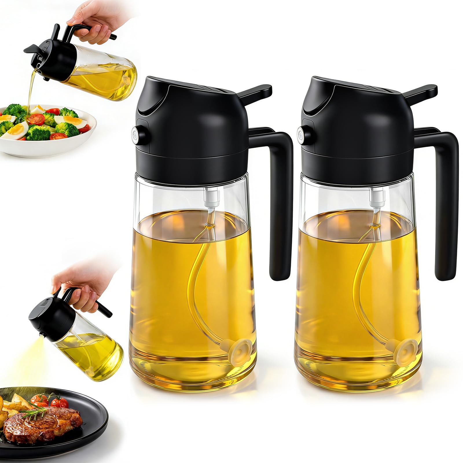 Oil Spray Kitchen Air Fryer 2 in 1, Oil Spray Oil Sprayer Non-Drip for Cooking 470 ml, Sprayer for Air Fryer, Diffuser Oil Kitchen for Cooking (Black + Black)