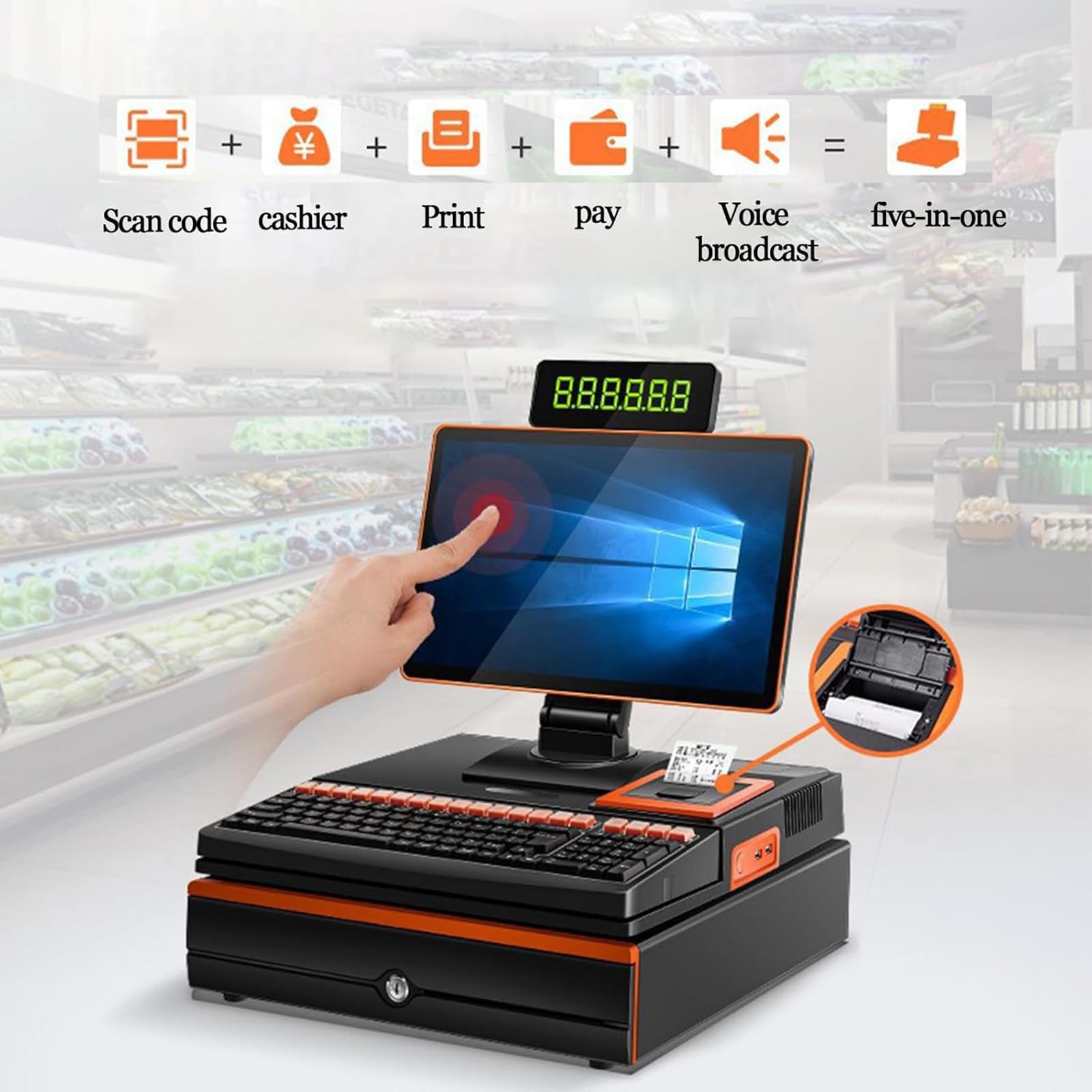 Terminale POS a doppio schermo con stampante integrata, scansione del codice e annuncio vocale per un checkout efficiente nei centri commerciali e nei supermercati