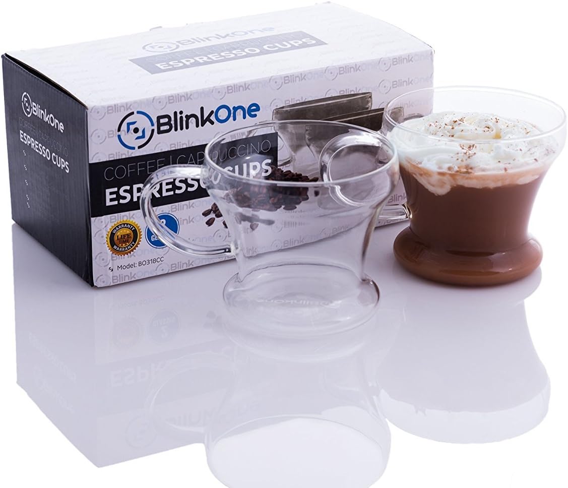 BlinkOne Cappuccino Cups Glass with Handle; Coffee, Espresso and Tea Friendly (2 Pcs)