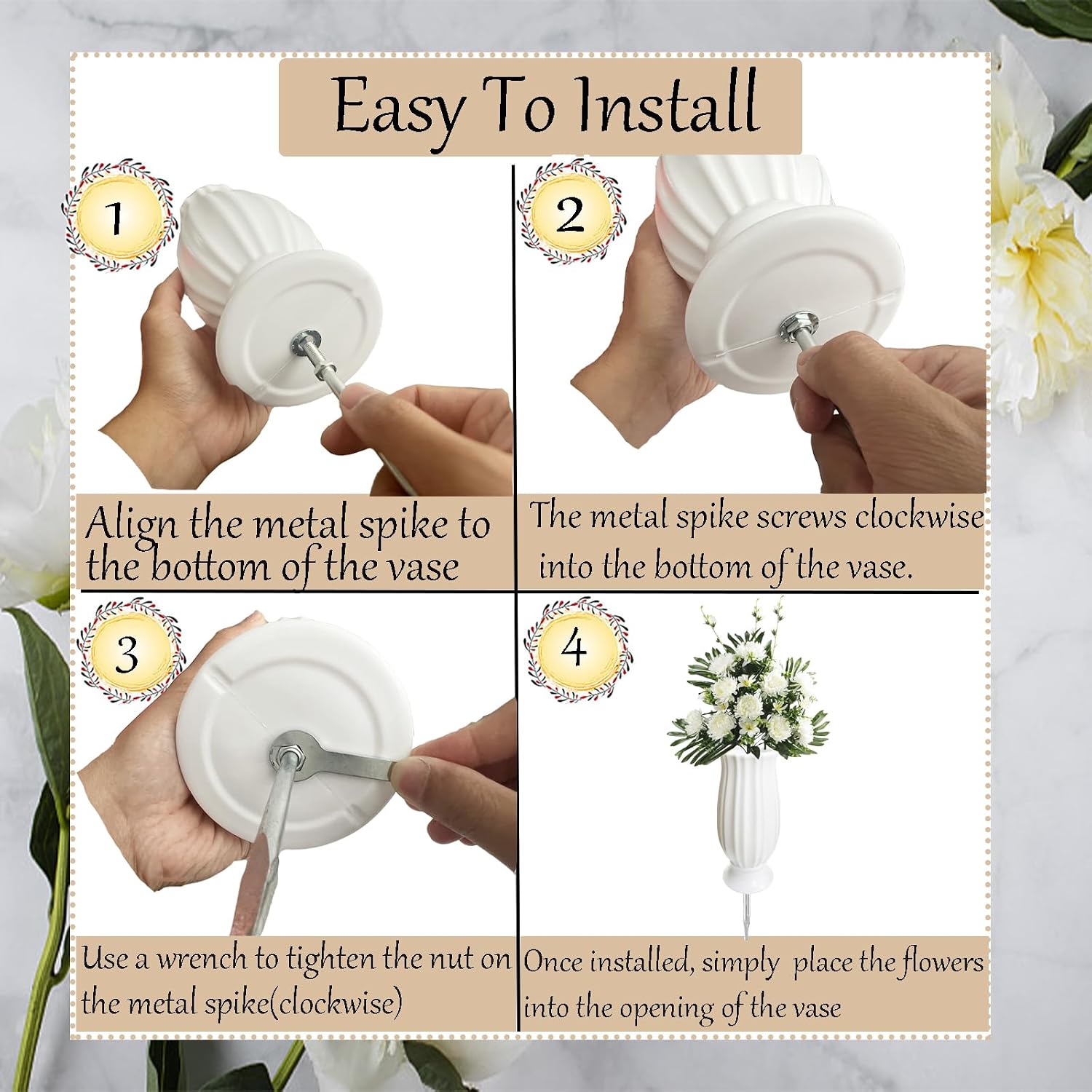 Cemetery Vase for Grave Decorations with Metal Spike Headstones Flower Holder (White)