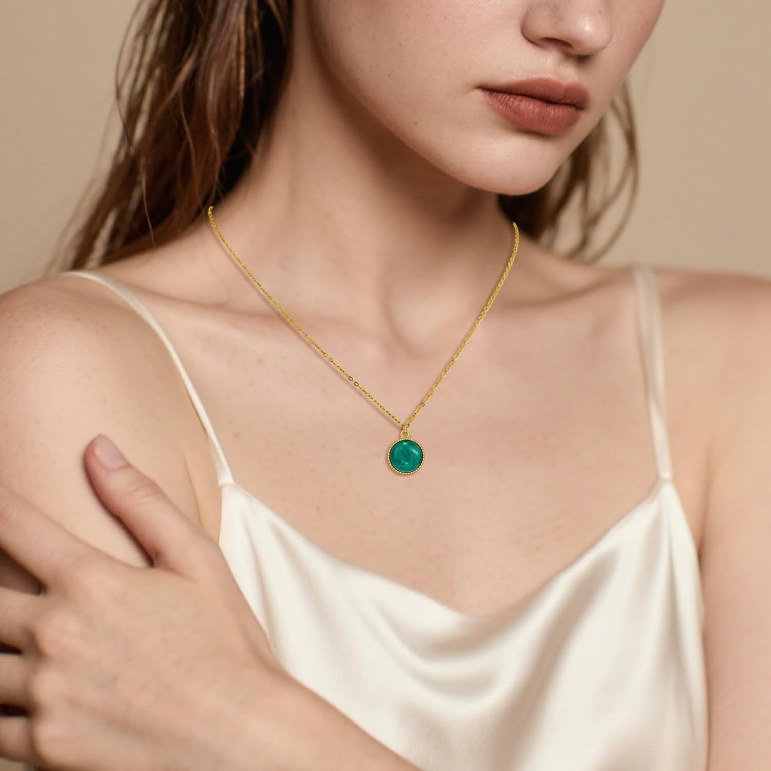 Jade pendant Necklace for Women, 14K Gold Plated Circle Pendant, Adjustable Dainty Gold Chain, Hypoallergenic Jewelry Gift for Mom - Image 2