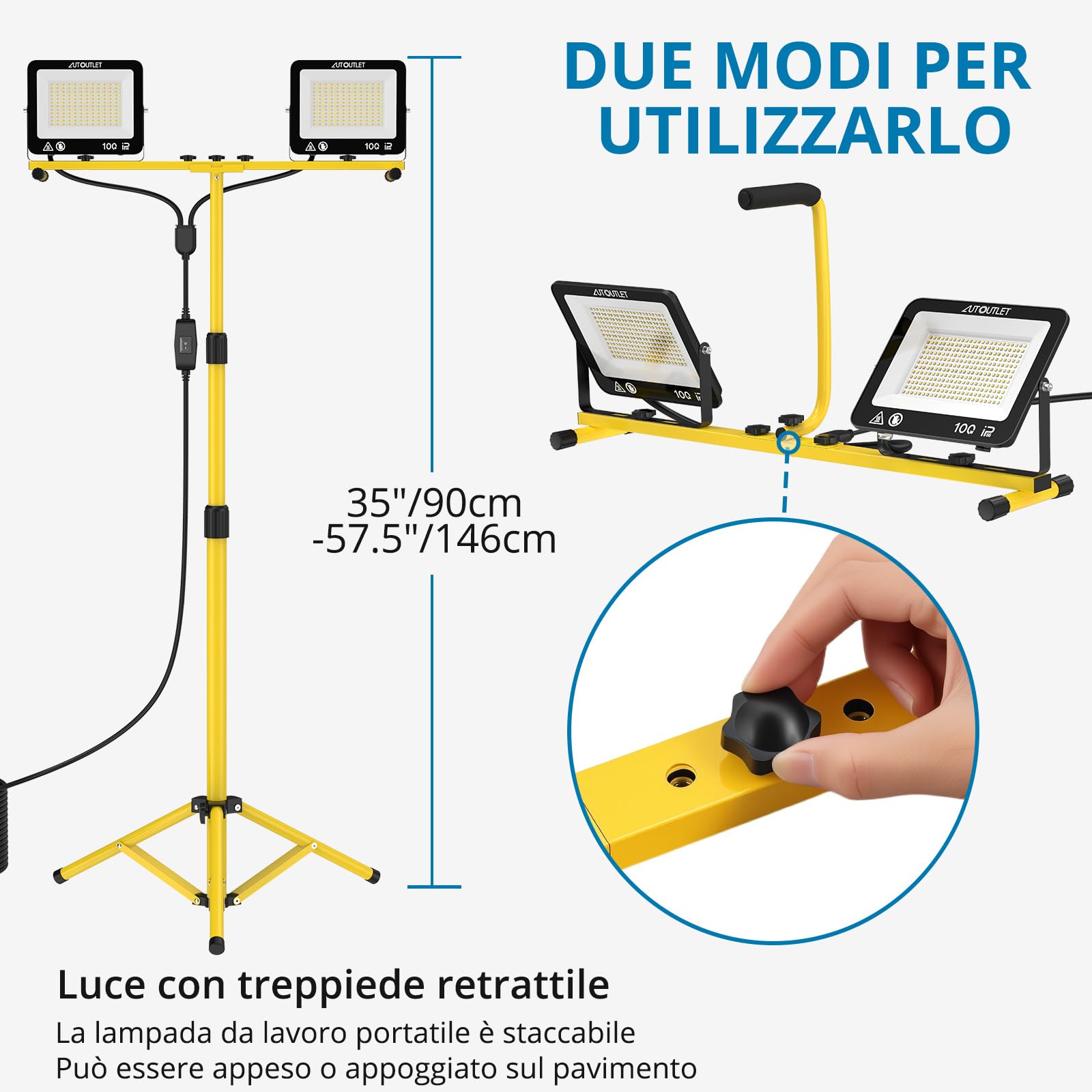 AUTOUTLET Faretto da Cantiere con Treppiede Allungabile,2x 100W 19000LM Faro Led Ricaricabile con 3 Temperature Colore e Cavo di Alimentazione da 5 M,IP66 Impermeabile,per Garage Officina e Esterno