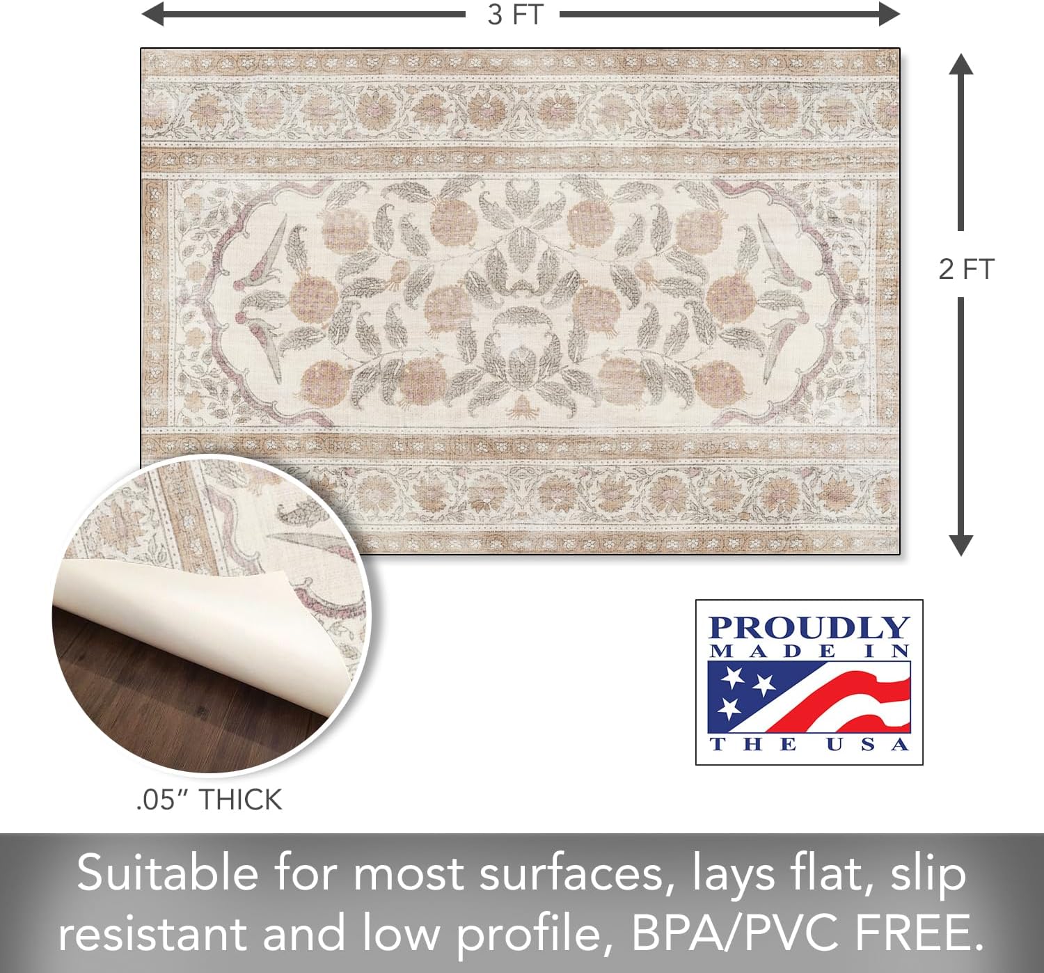 Neutral Textile Deco-Floormat, Decorative Mat, Designer Rug, Waterproof, Low Profile, Eco-Friendly Non Slip, Made in The USA (3' x 2')