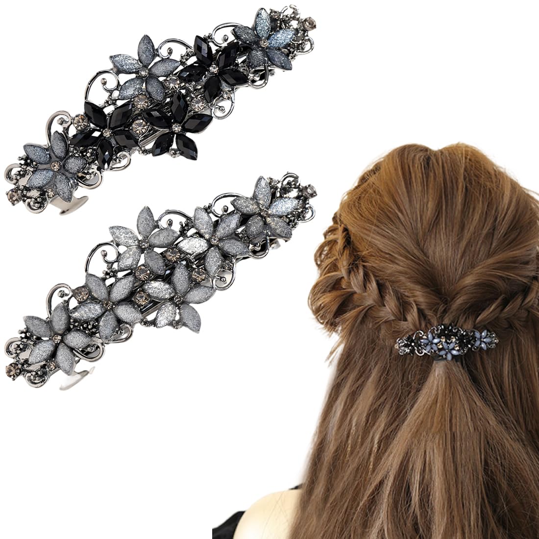 NJCXOLA Horquillas pelo mujer fiesta, Pasadores grandes de flores, de diamantes de imitación, de flores de perlas de cristal clip el pelo estilo antiguo (2 Piezas)